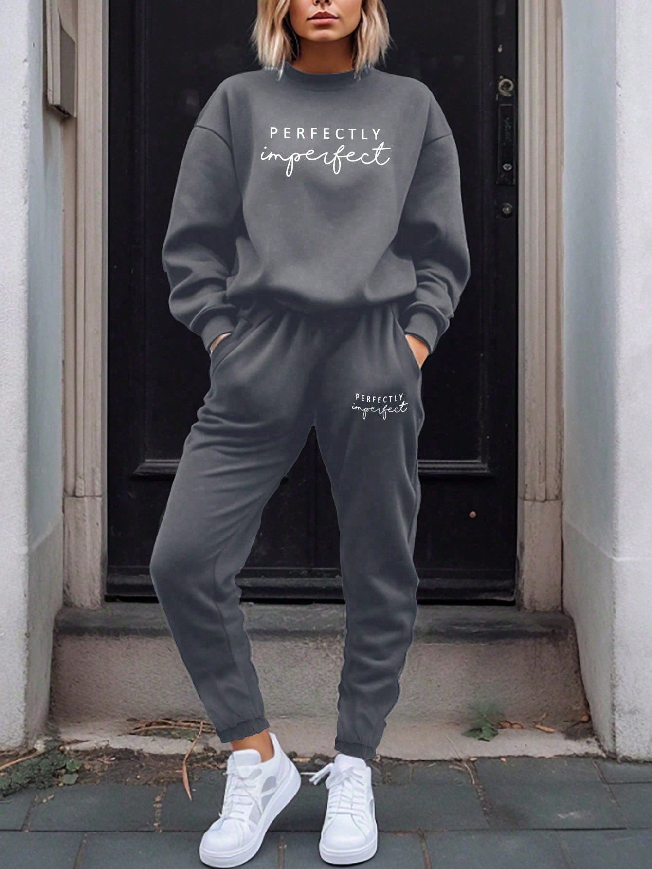 Letter Graphic Drop Shoulder Sweatshirt & Sweatpants