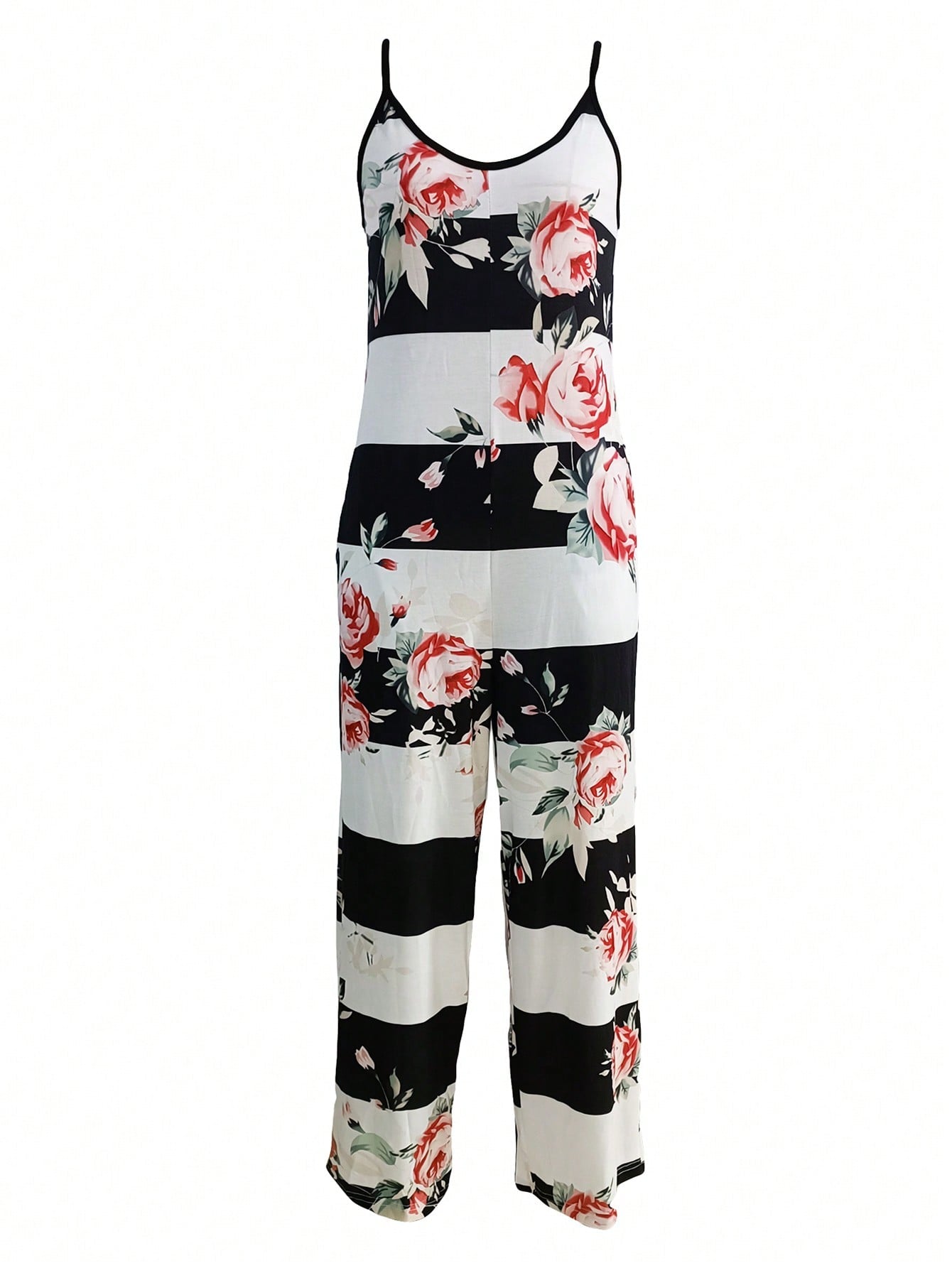 Ladies' Striped Floral Print Spaghetti Strap Wide Leg Jumpsuit