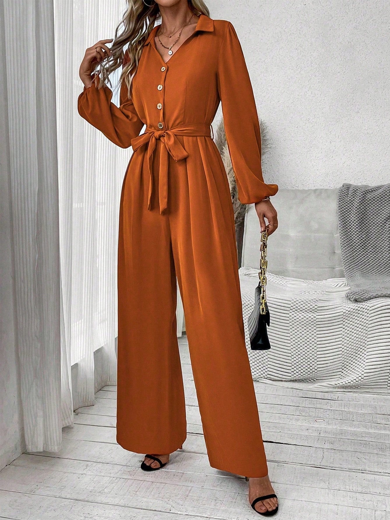 Frenchy Women's Solid Color Lantern Sleeve Belted Jumpsuit