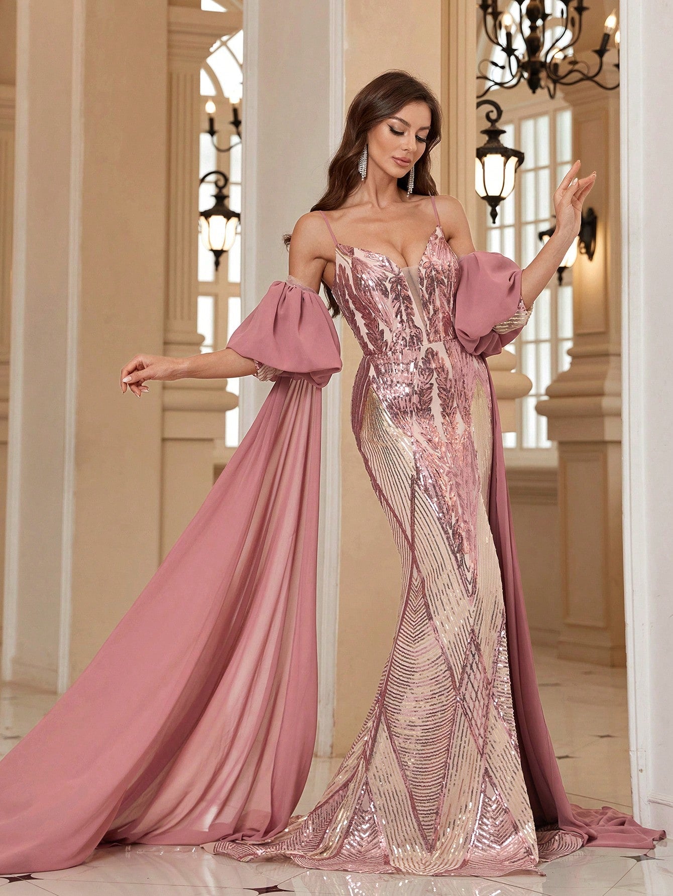 Belle Ladies' Evening Party Dress With Sequin Design, Chiffon Sleeves, Sleeve Trail And High Slit