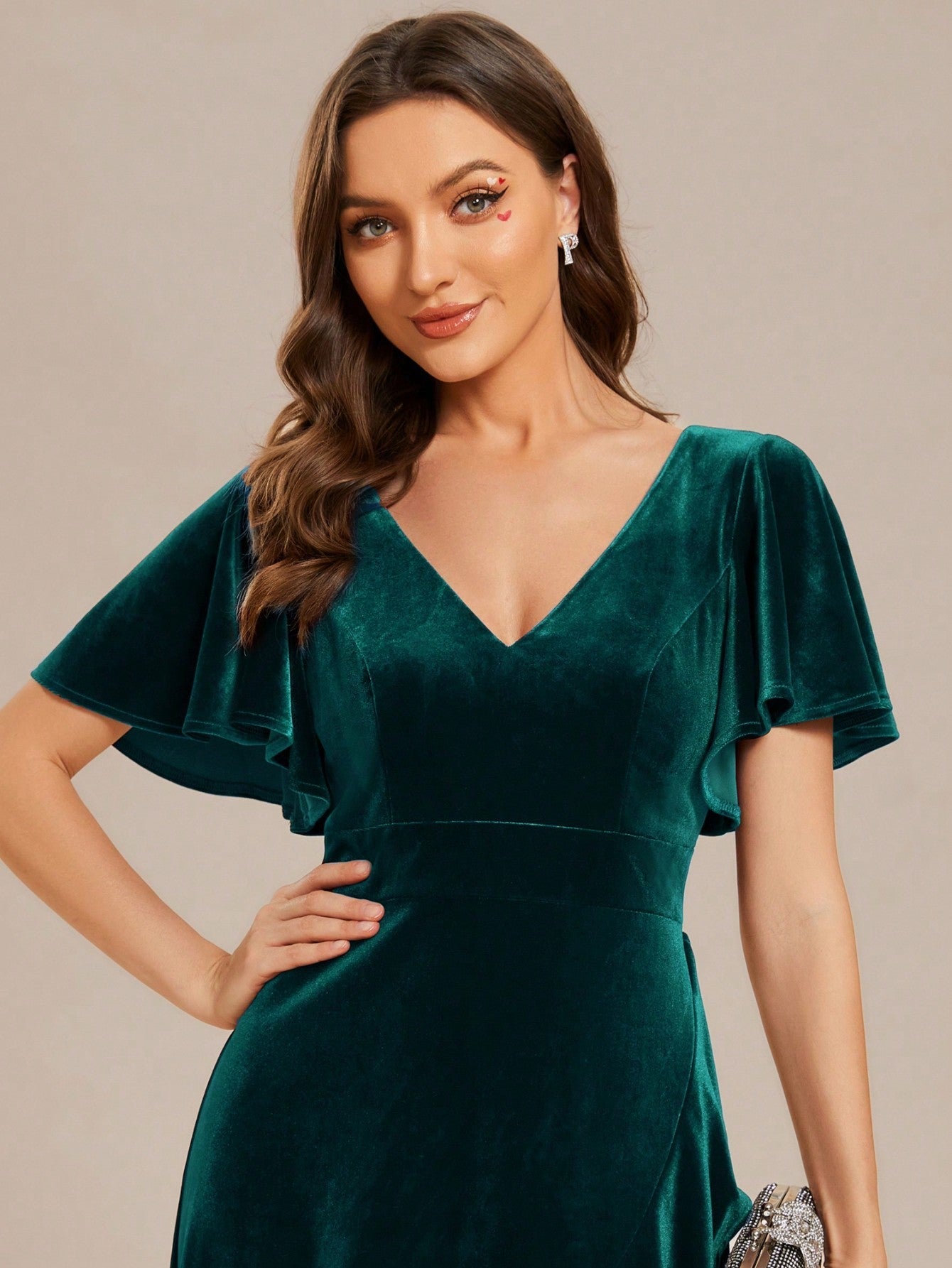 EVER-PRETTY Deep V-Neck Velvet Sexy Evening Party Gown Dress With Ruffle Edge And Slit