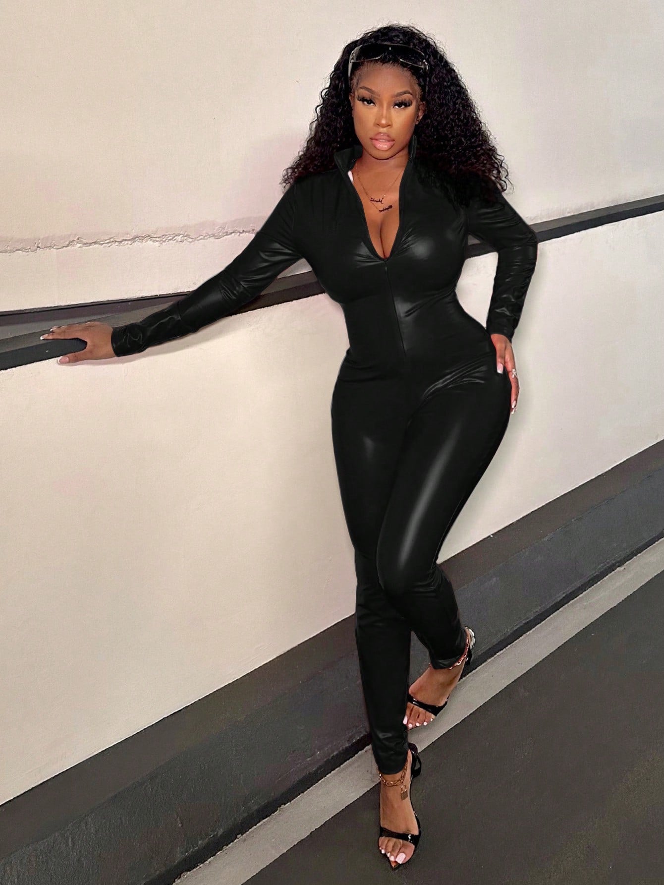 Slayr Women's Front Zipper Long Sleeve Bodycon Jumpsuit