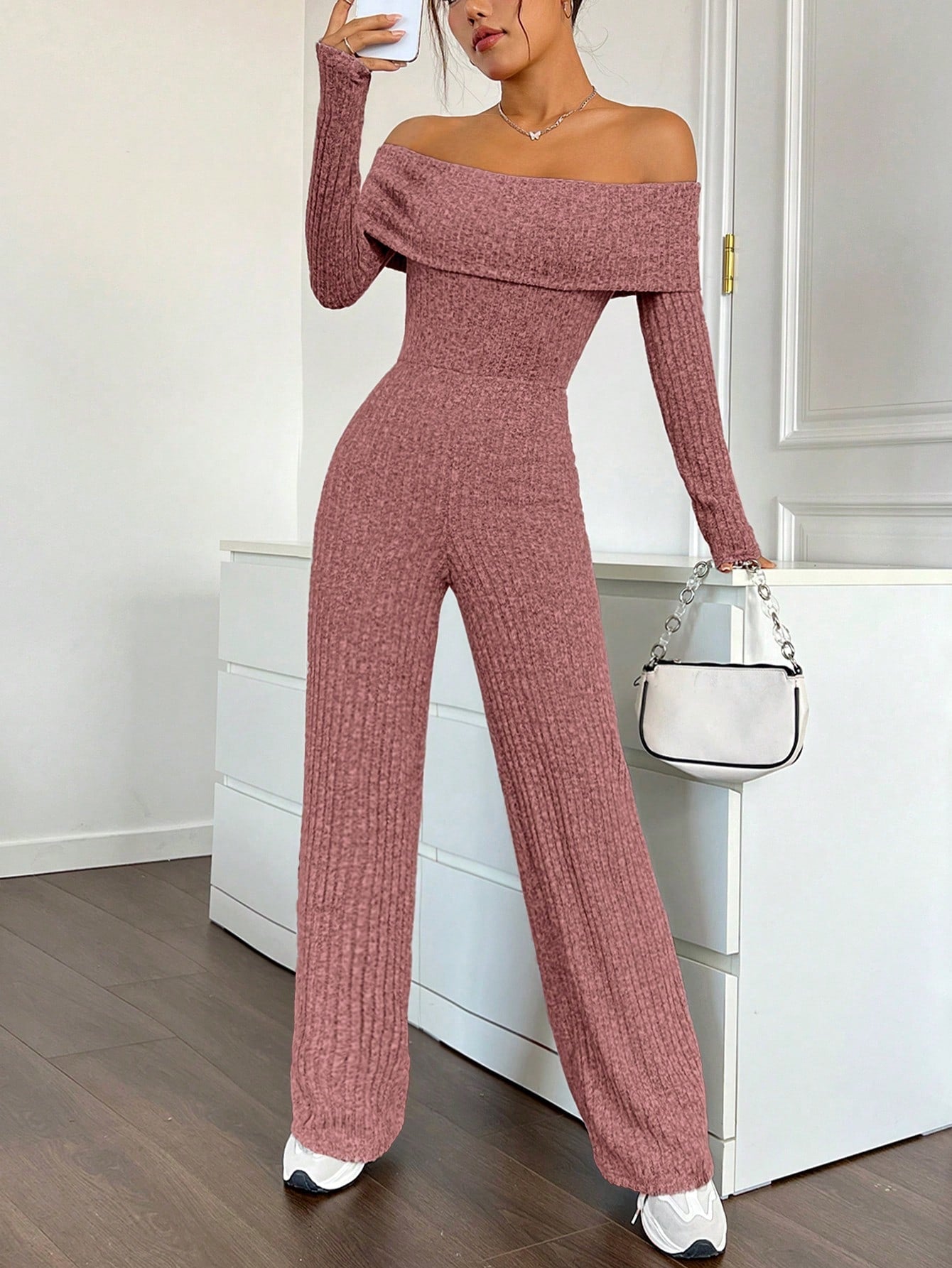 EZwear Foldover Off Shoulder Wide Leg Jumpsuit