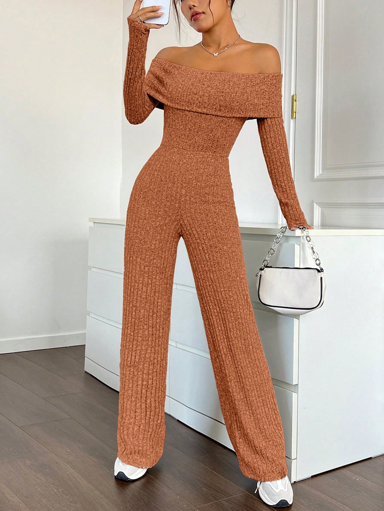 EZwear Foldover Off Shoulder Wide Leg Jumpsuit