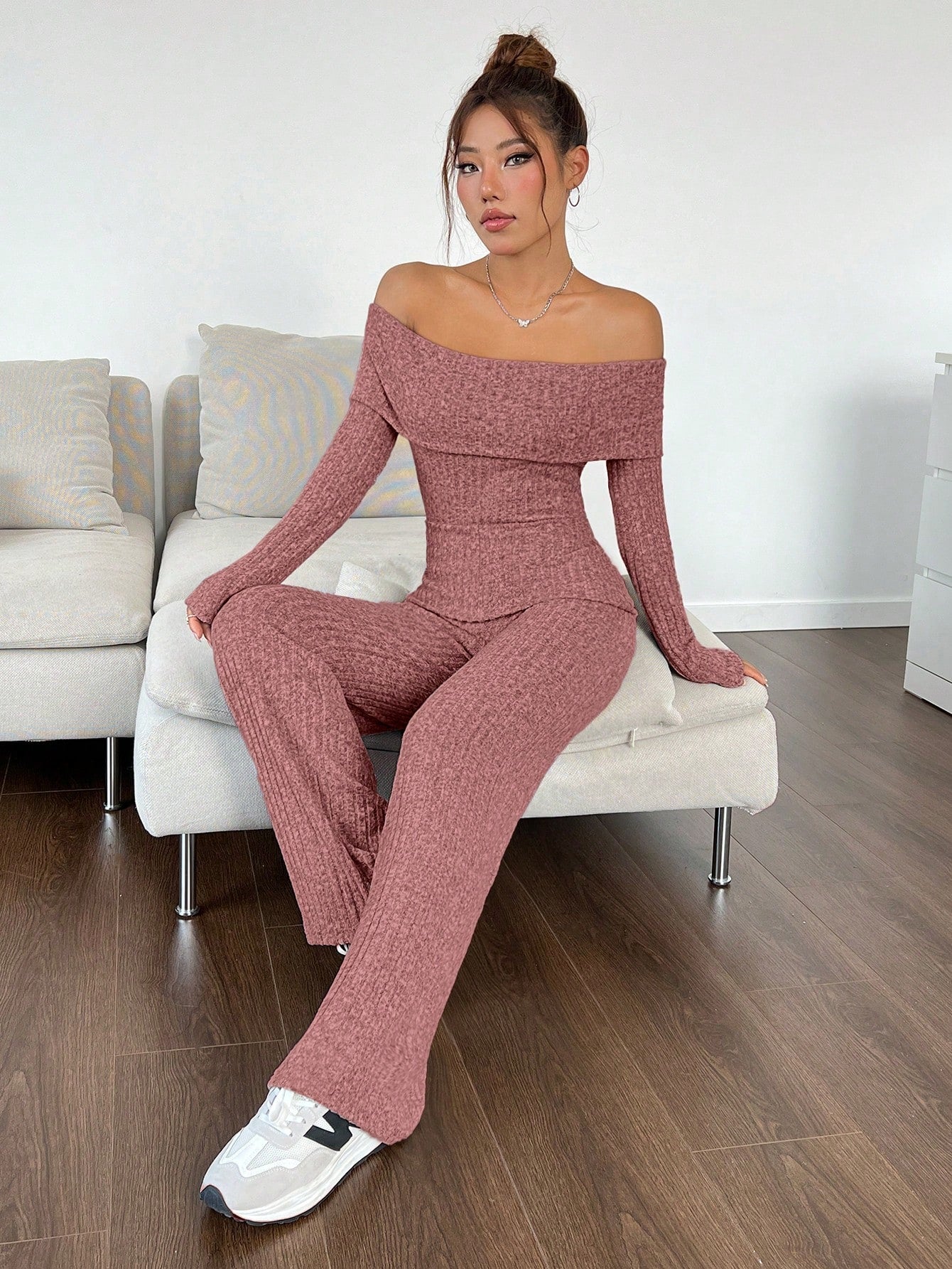 EZwear Foldover Off Shoulder Wide Leg Jumpsuit