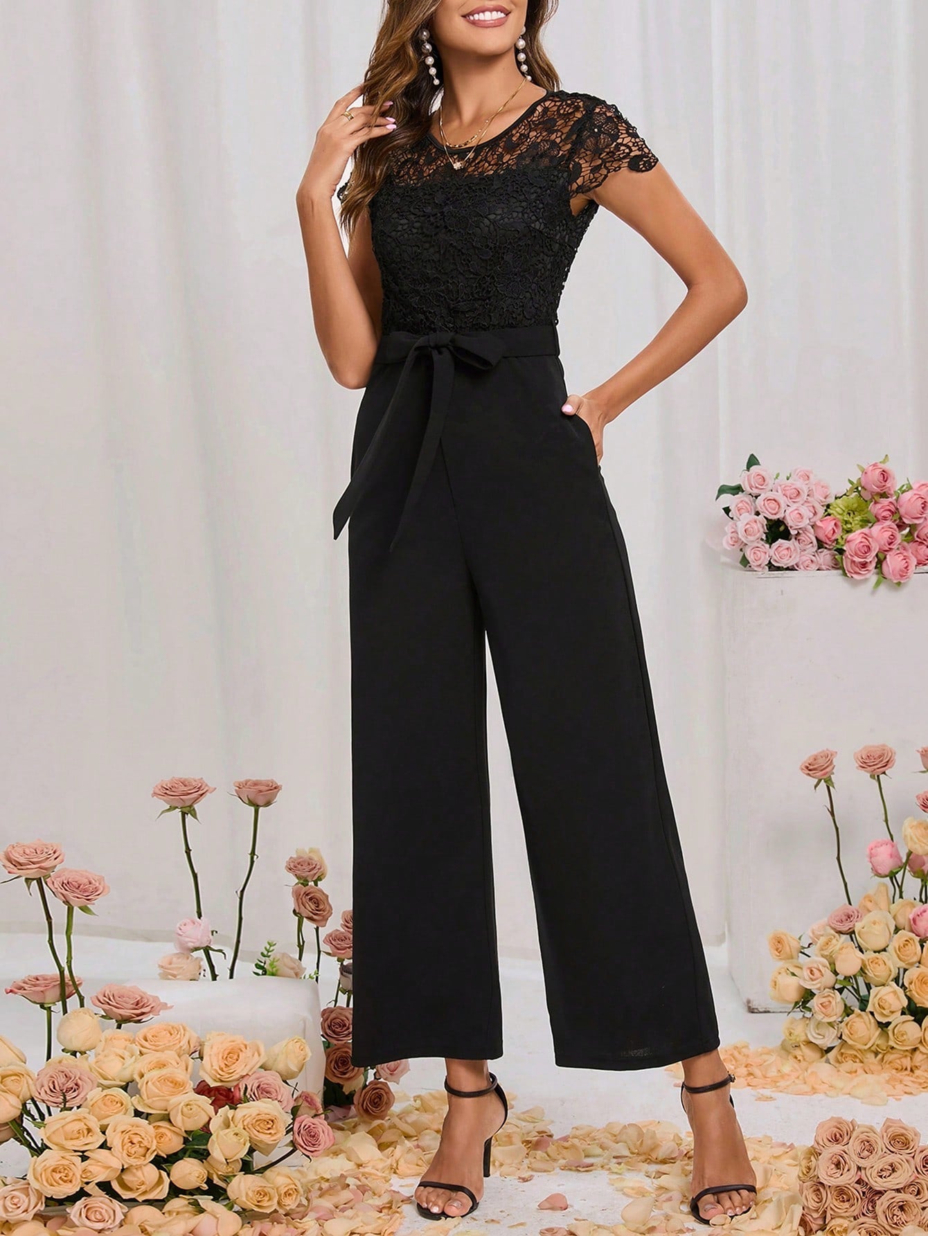 Clasi  Lace Panel Belted Jumpsuit