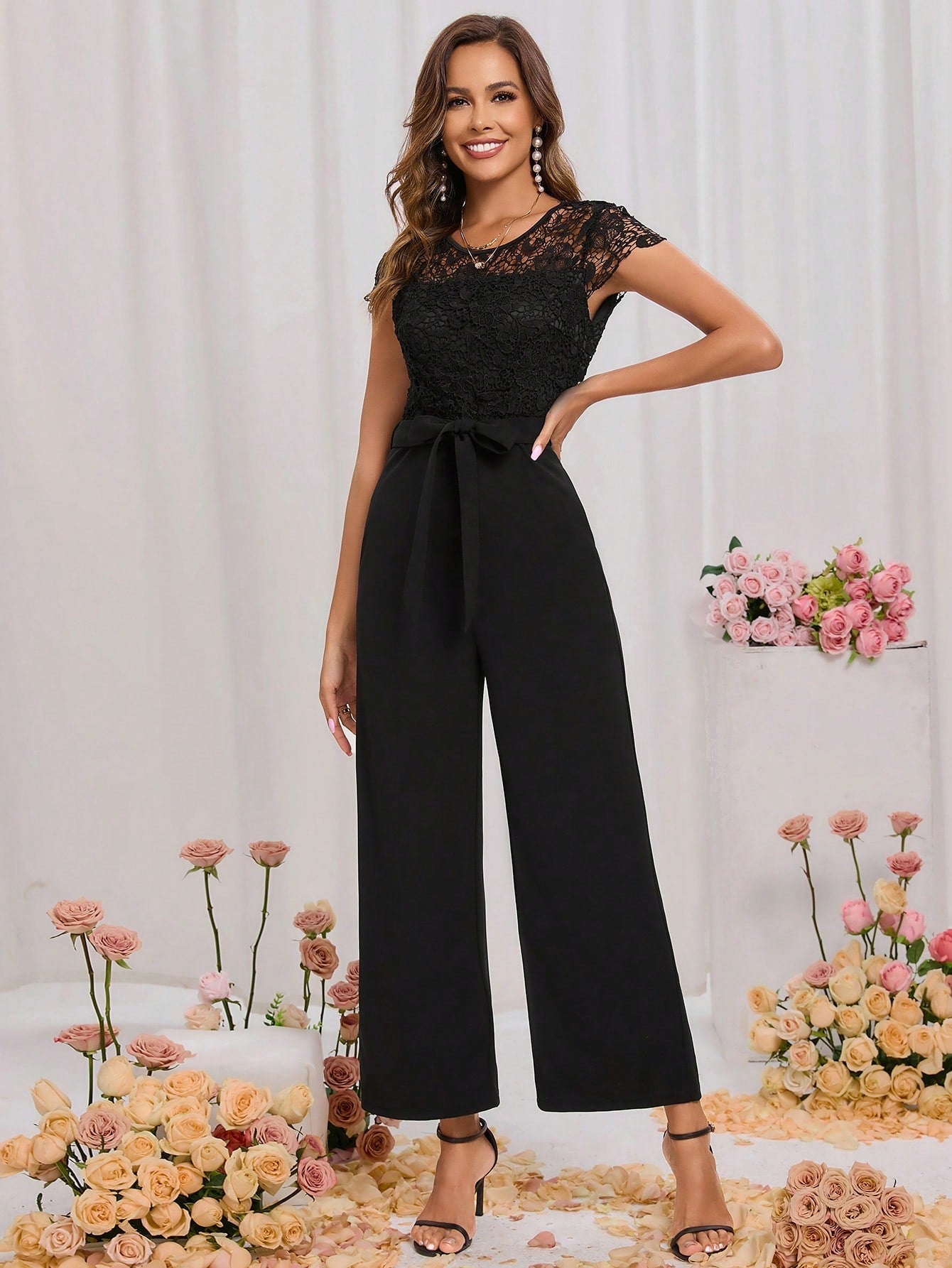 Clasi  Lace Panel Belted Jumpsuit