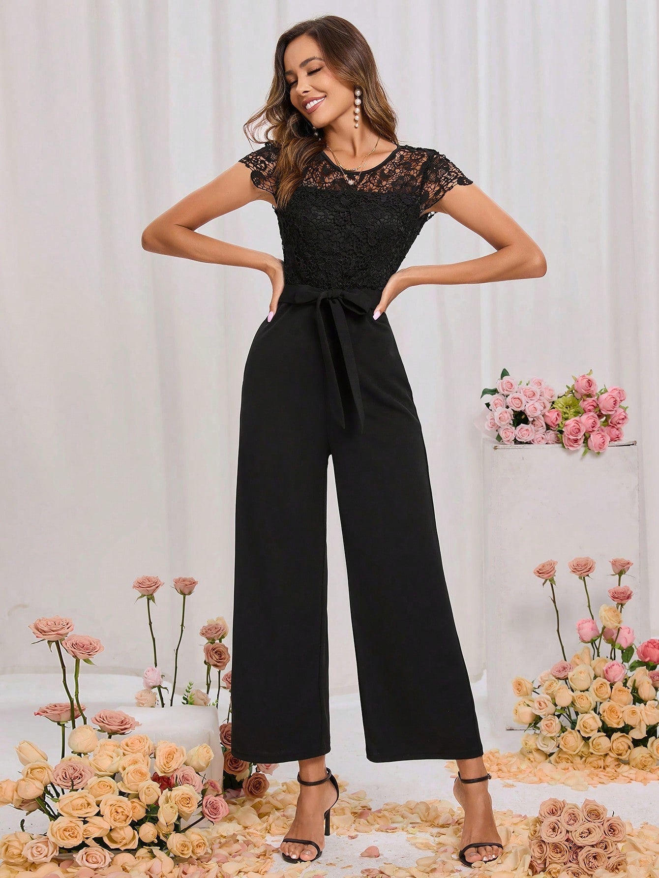 Clasi  Lace Panel Belted Jumpsuit