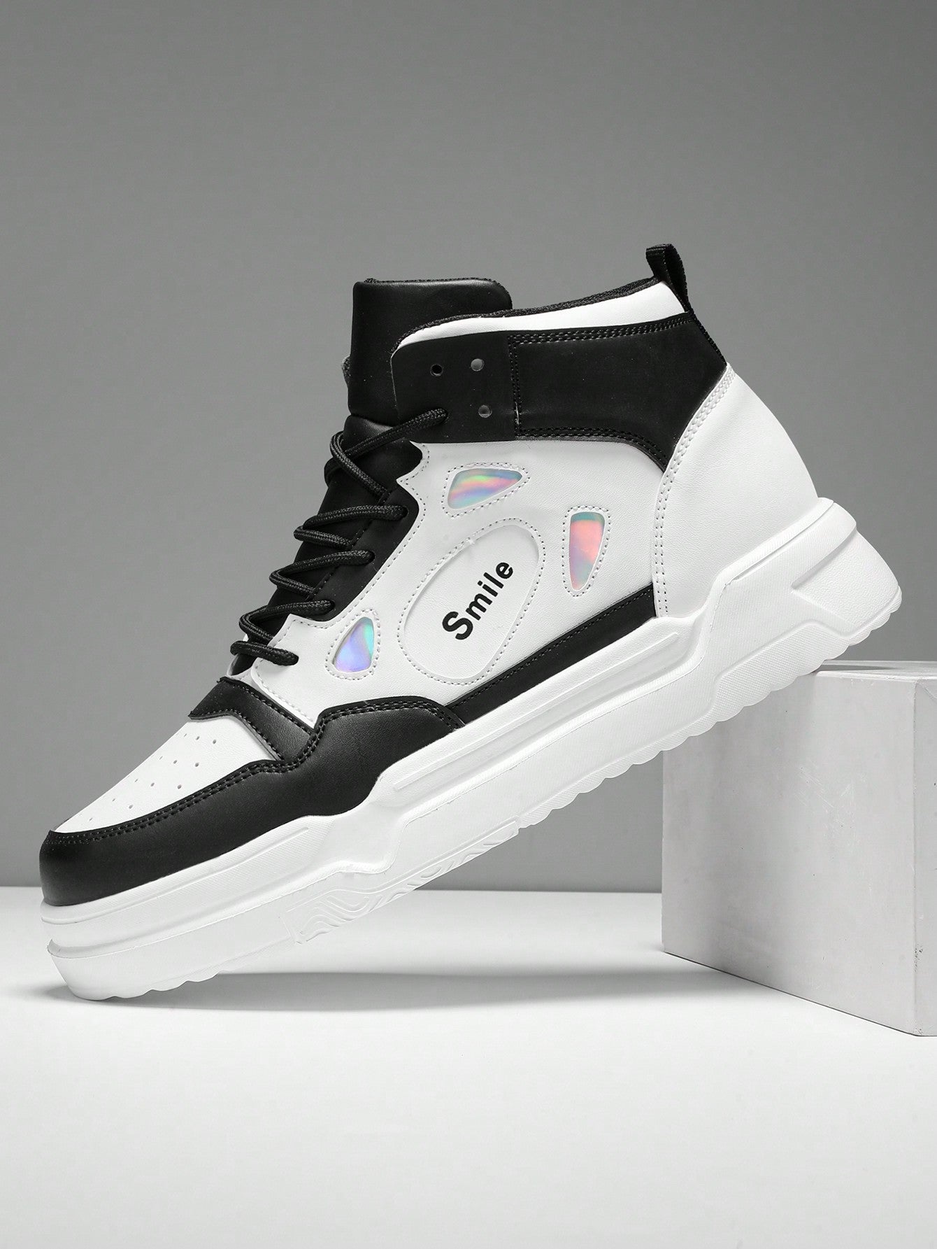 Men's High Top Colorblock Letter Pattern Sneakers With Laser Detail And Front Strap, Outdoor Thick Sole Skate Shoes