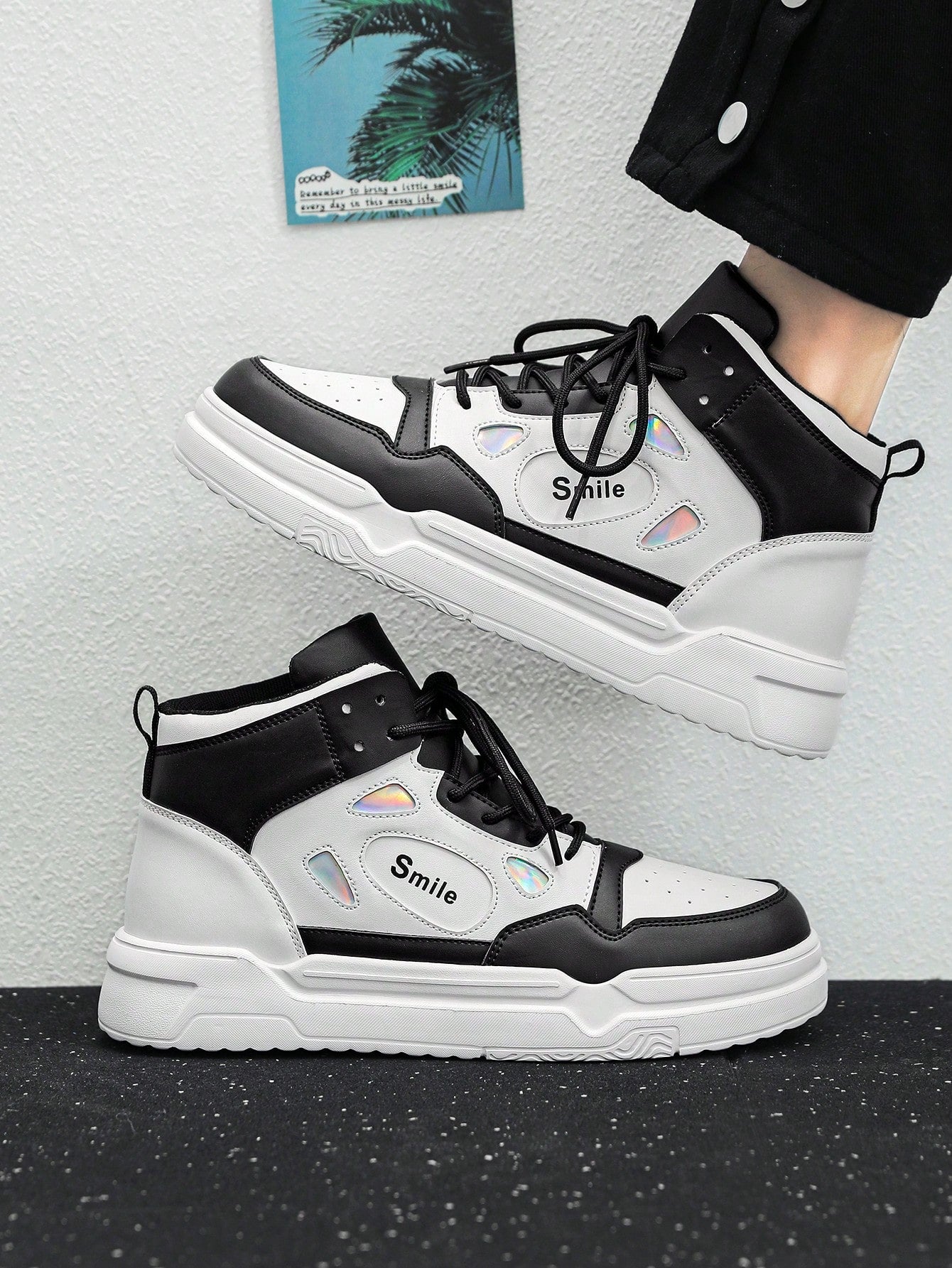 Men's High Top Colorblock Letter Pattern Sneakers With Laser Detail And Front Strap, Outdoor Thick Sole Skate Shoes