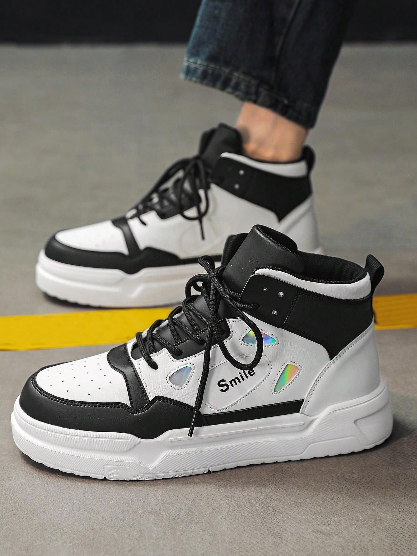 Men's High Top Colorblock Letter Pattern Sneakers With Laser Detail And Front Strap, Outdoor Thick Sole Skate Shoes