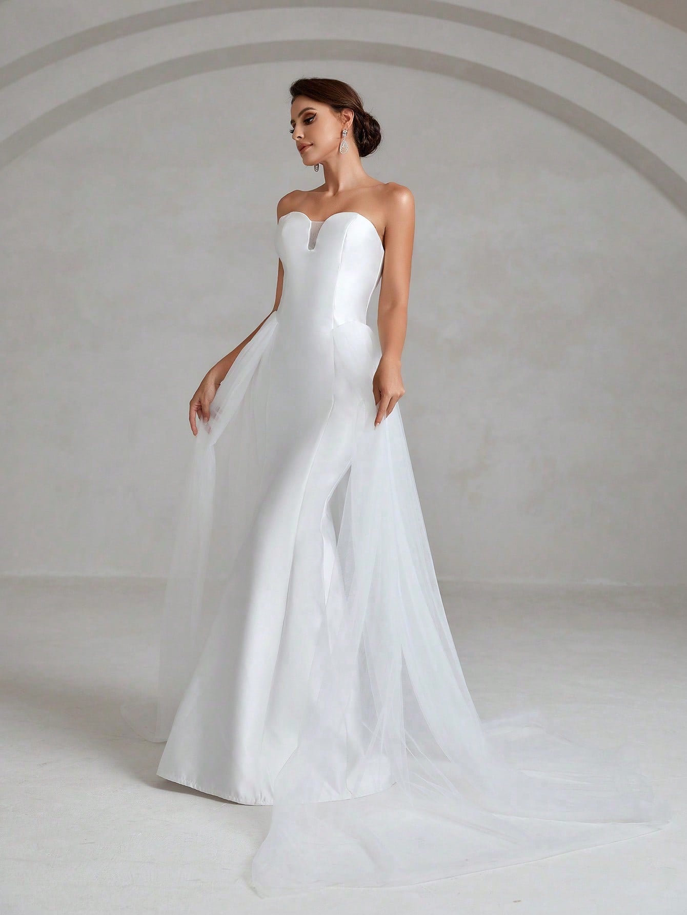 Contrast Mesh Mermaid Hem Satin Tube Wedding Dress