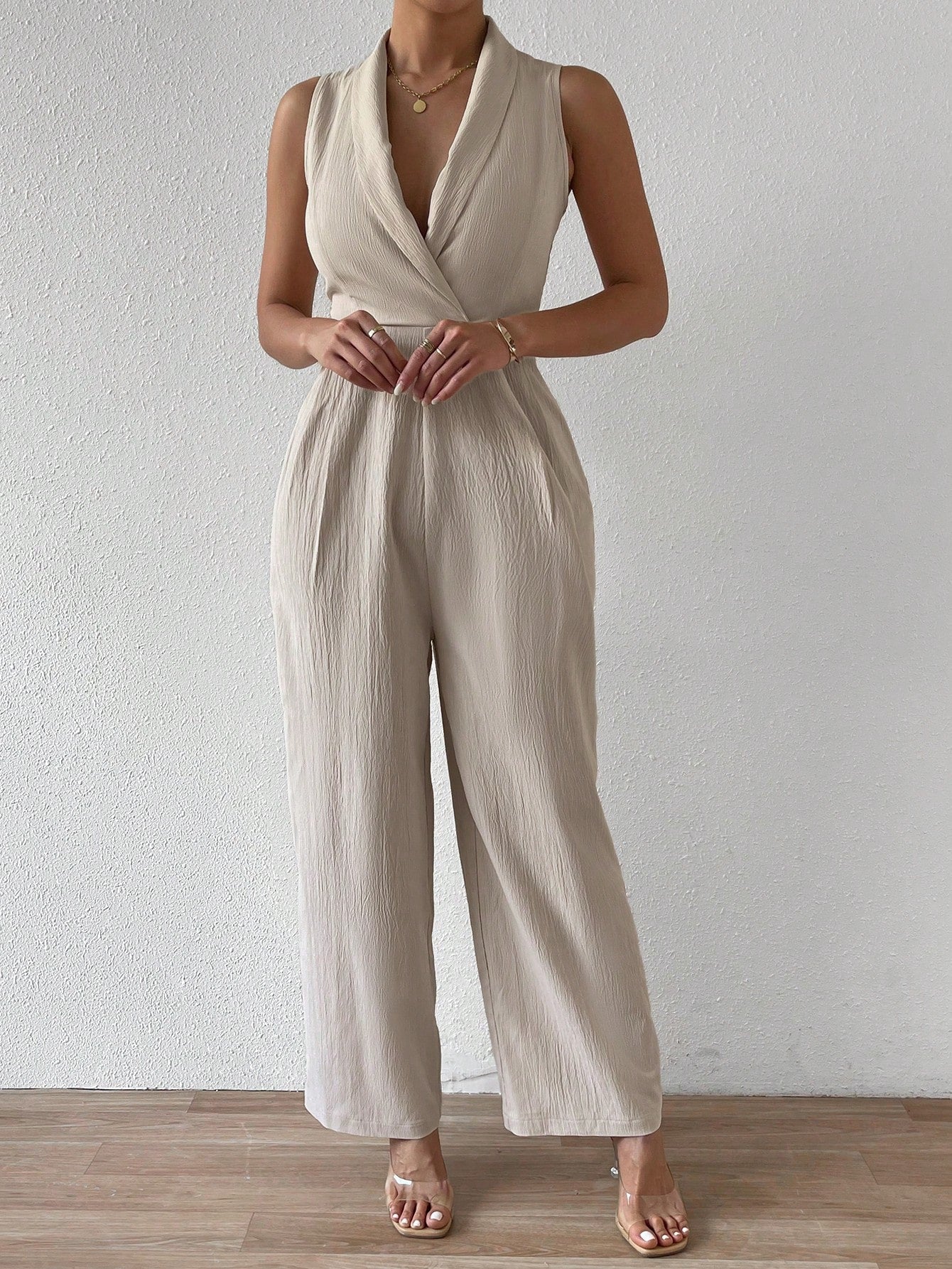 Frenchy Sleeveless Jumpsuit With Shawl Collar