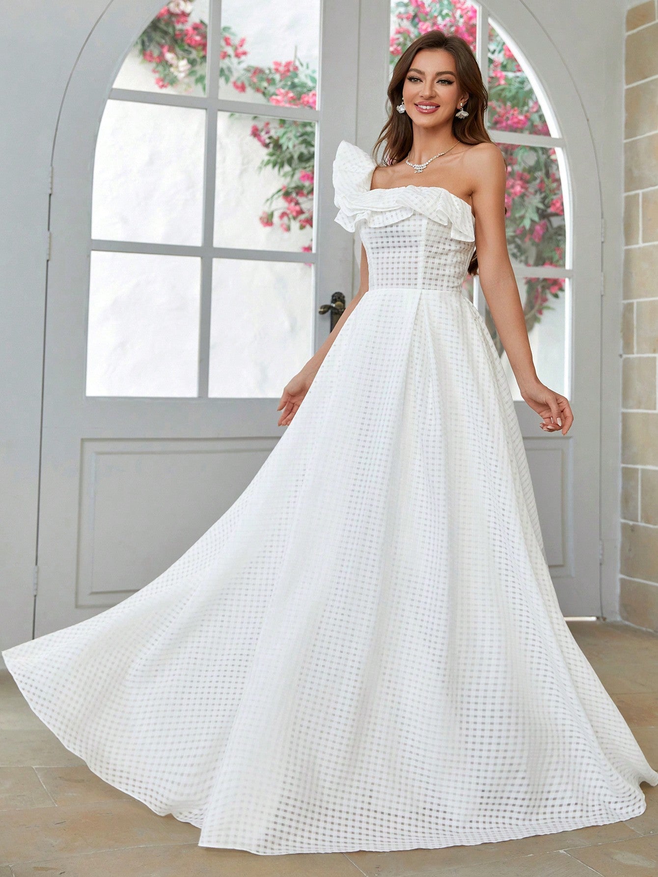 Belle One-Shoulder Ruffled Edge Wedding Dress With Back Tie