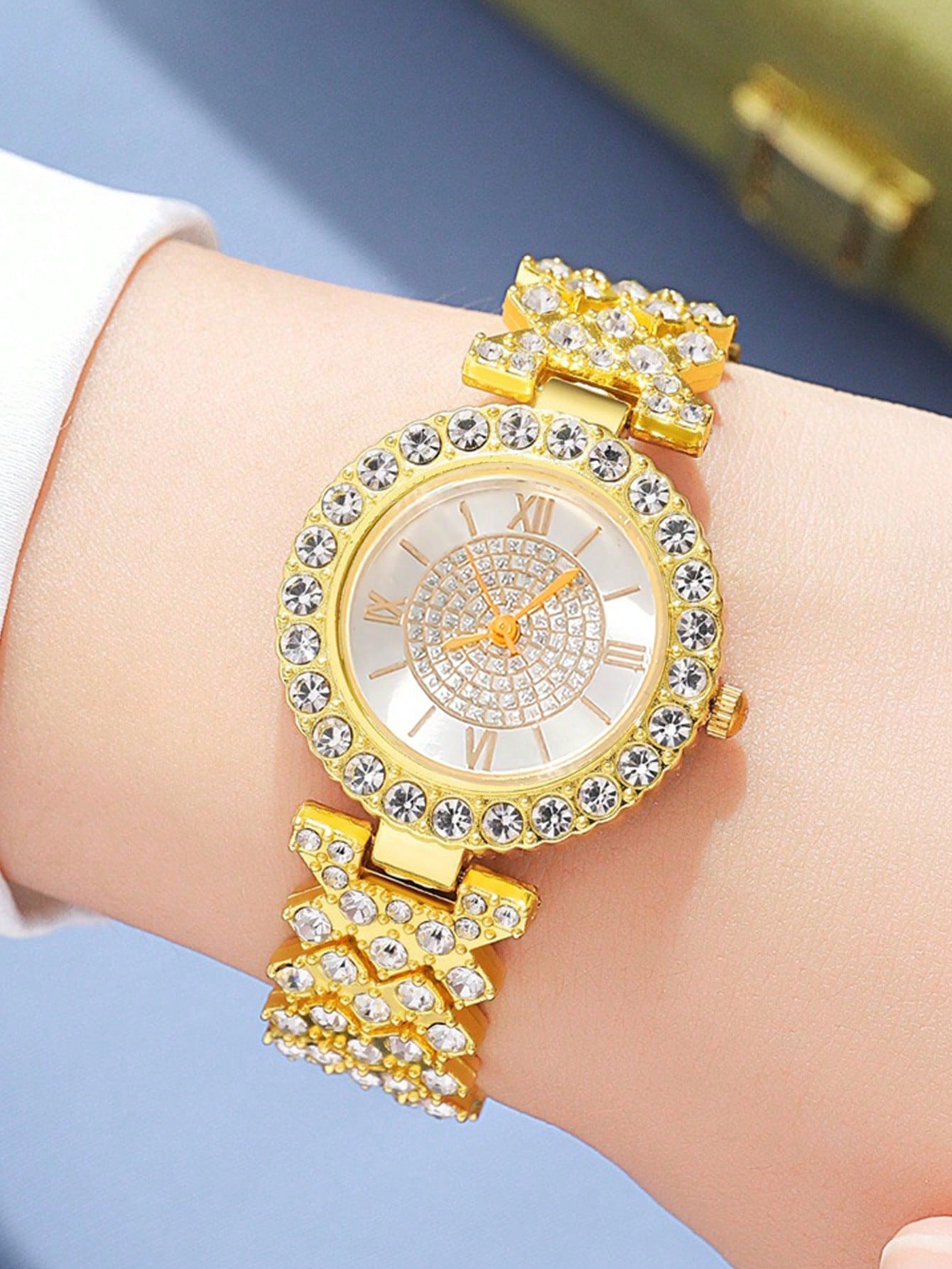 6pcs Luxury Diamond Full Drilled Steel Belt Women'S Quartz Watch + Inlaid Diamond Bracelet + Necklace + Earrings + Ring Set