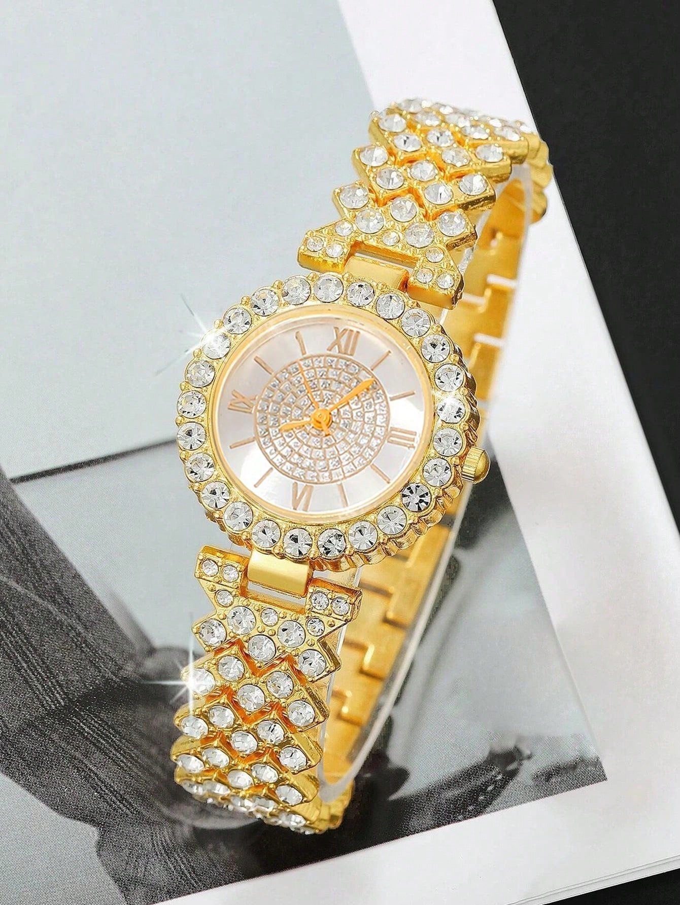 6pcs Luxury Diamond Full Drilled Steel Belt Women'S Quartz Watch + Inlaid Diamond Bracelet + Necklace + Earrings + Ring Set