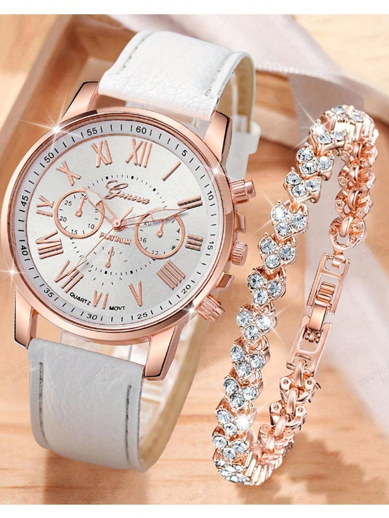 New Geneva Three Dial Dual Layered Watch Korean Students' Fashion Leather Strap Watch For Women