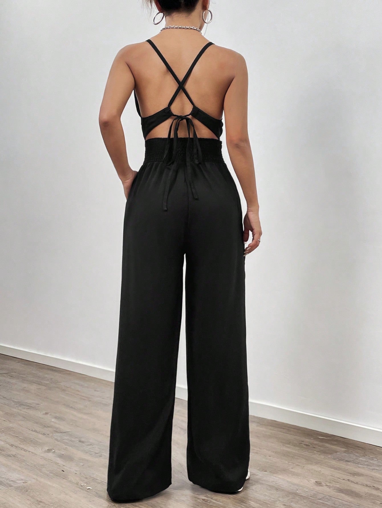 Pocket Side Wide Leg Jumpsuit With Adjustable Straps