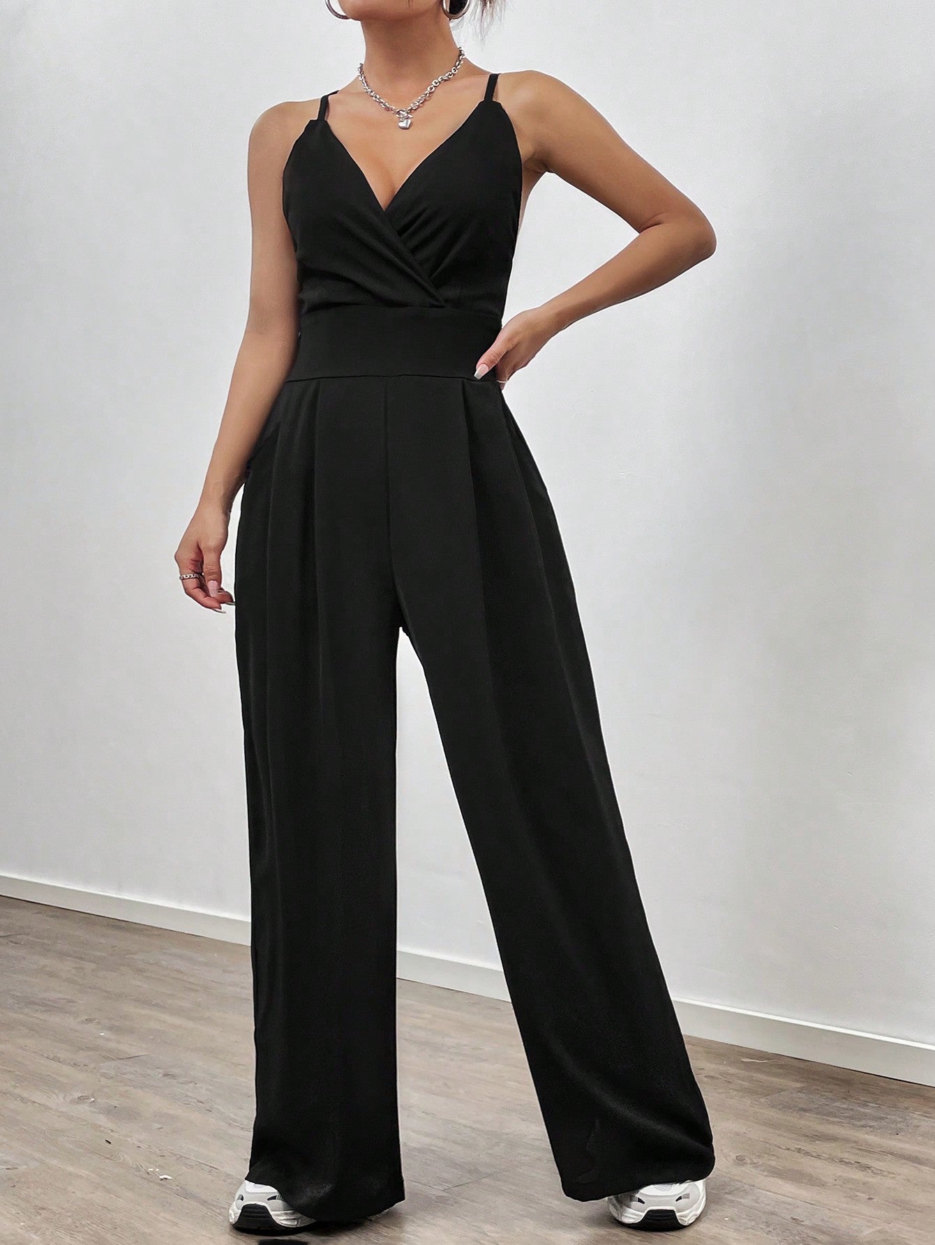 Pocket Side Wide Leg Jumpsuit With Adjustable Straps