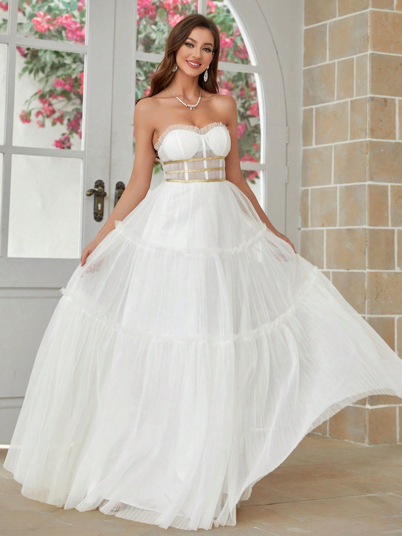 Belle Pleated A-Line Skirt With Gold Ribbon Decoration, Net Strapless Wedding Dress