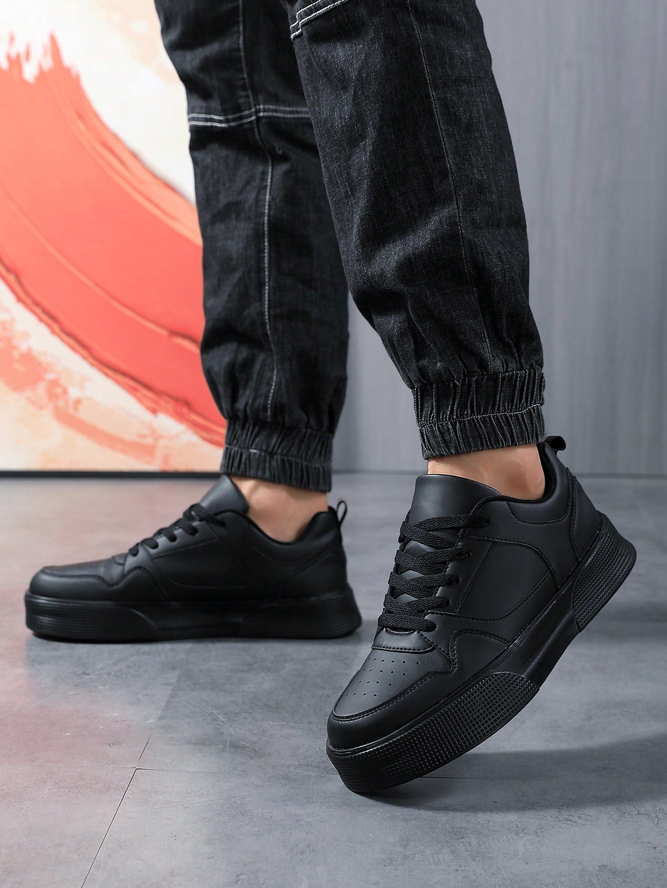 Men'S Simple Fashion Style Thick Sole Sneakers With Front Tie, Comfortable Casual Sports Shoes In Versatile Black