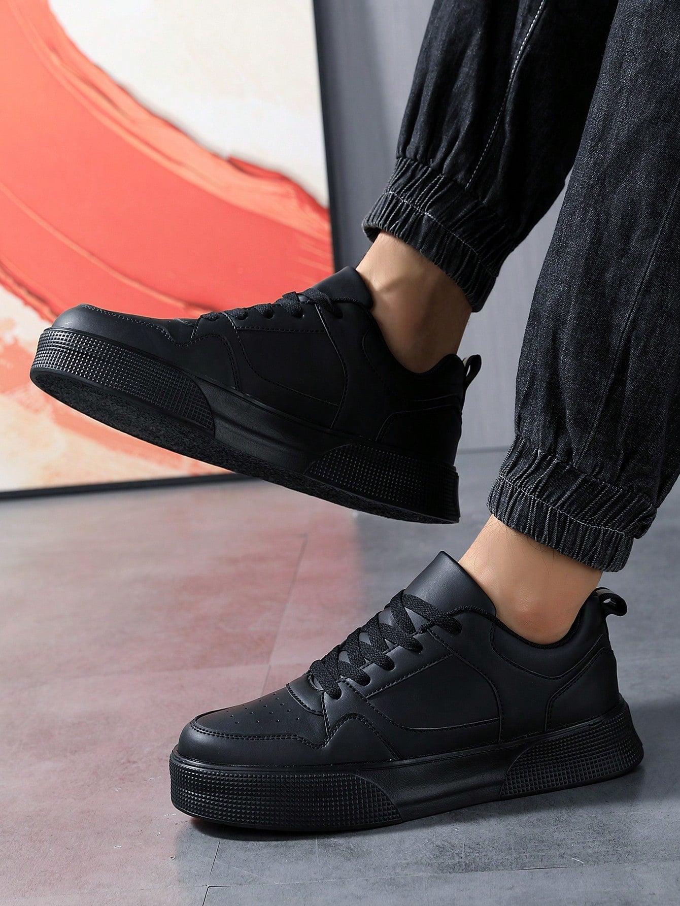 Men'S Simple Fashion Style Thick Sole Sneakers With Front Tie, Comfortable Casual Sports Shoes In Versatile Black