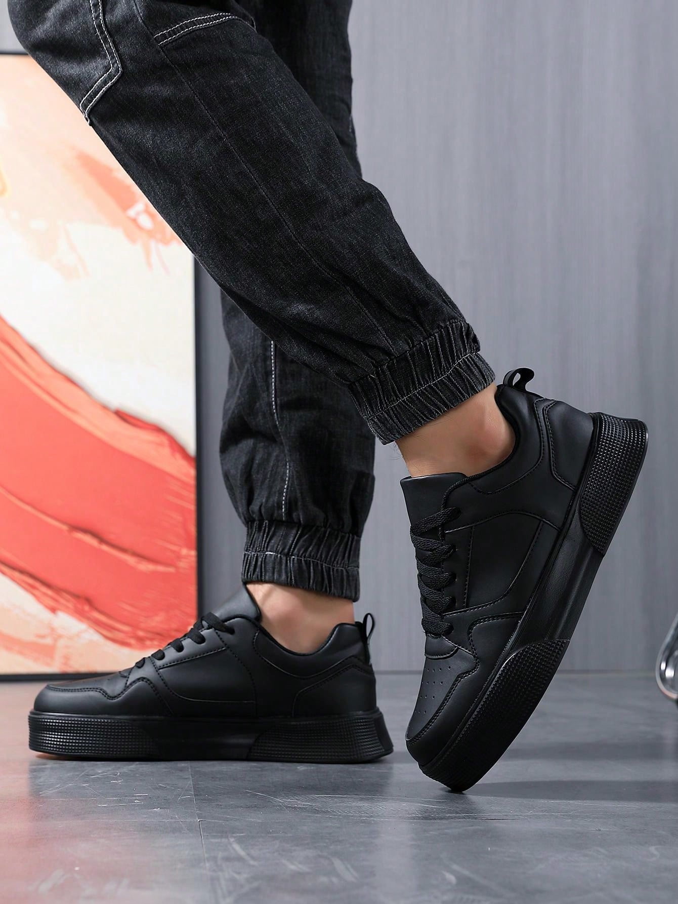 Men'S Simple Fashion Style Thick Sole Sneakers With Front Tie, Comfortable Casual Sports Shoes In Versatile Black