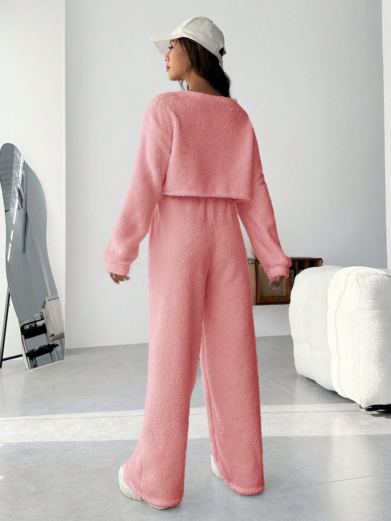 EZwear Plush V-neck Oversized Top And Pants Set