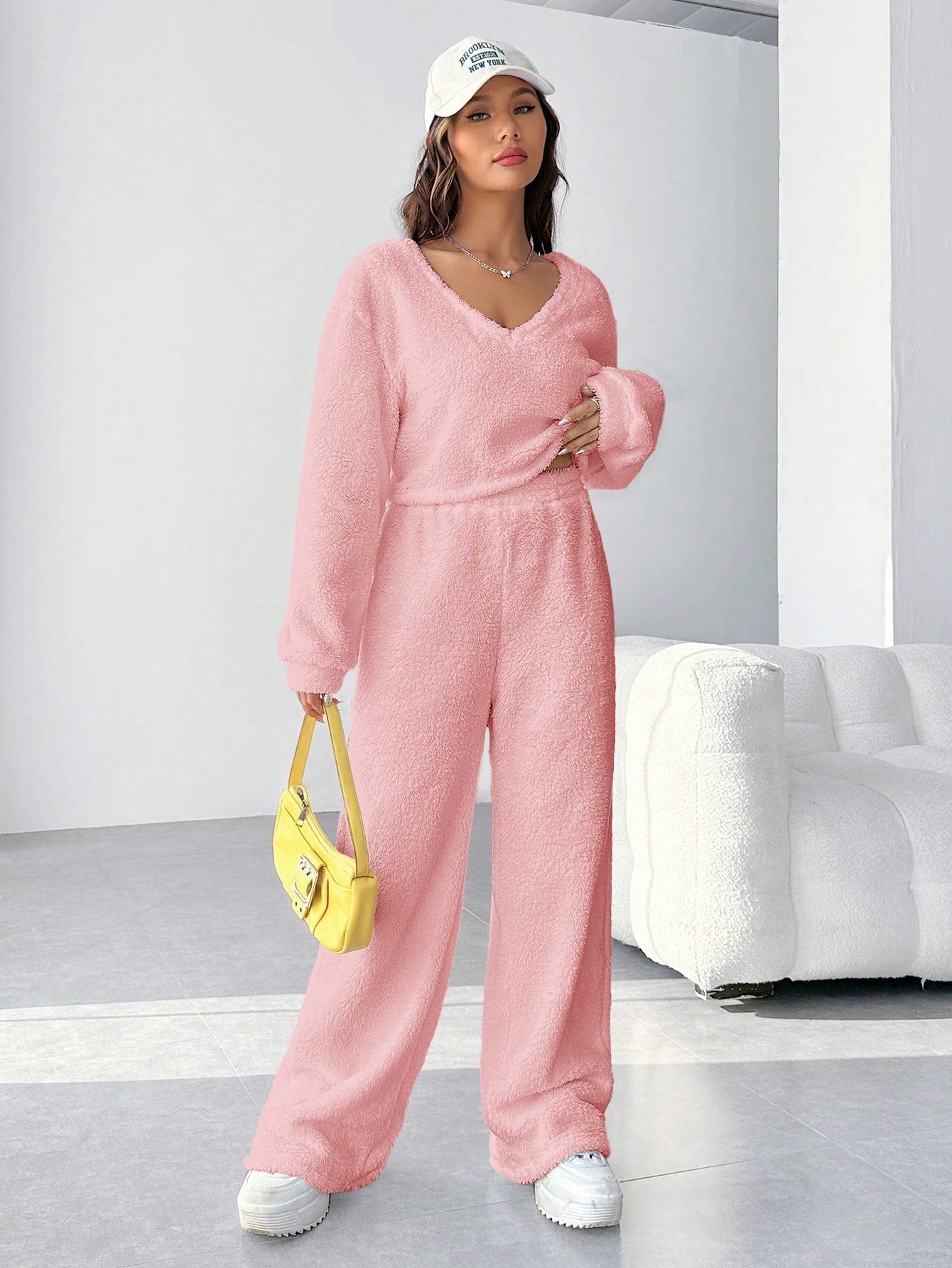 EZwear Plush V-neck Oversized Top And Pants Set