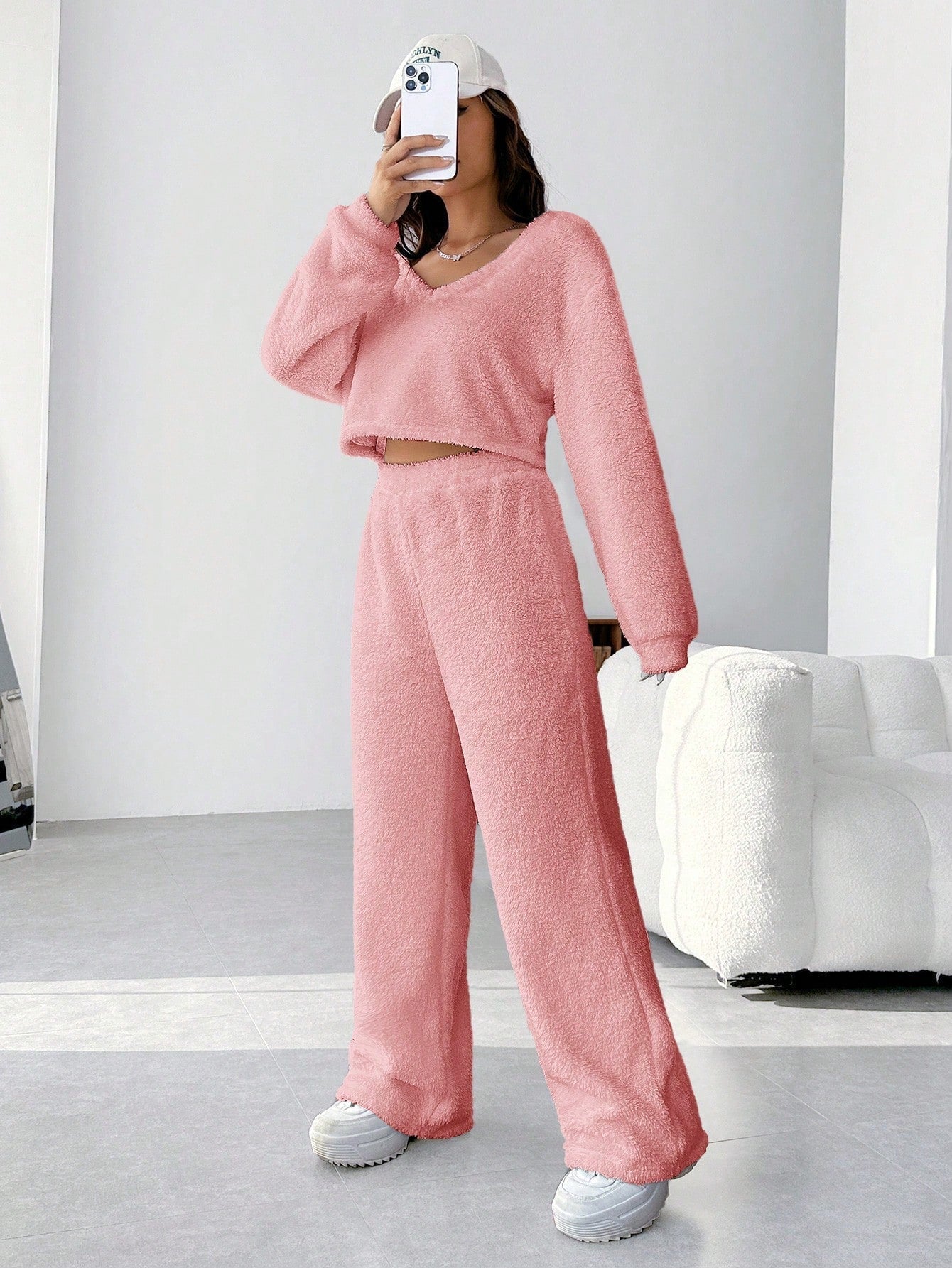 EZwear Plush V-neck Oversized Top And Pants Set