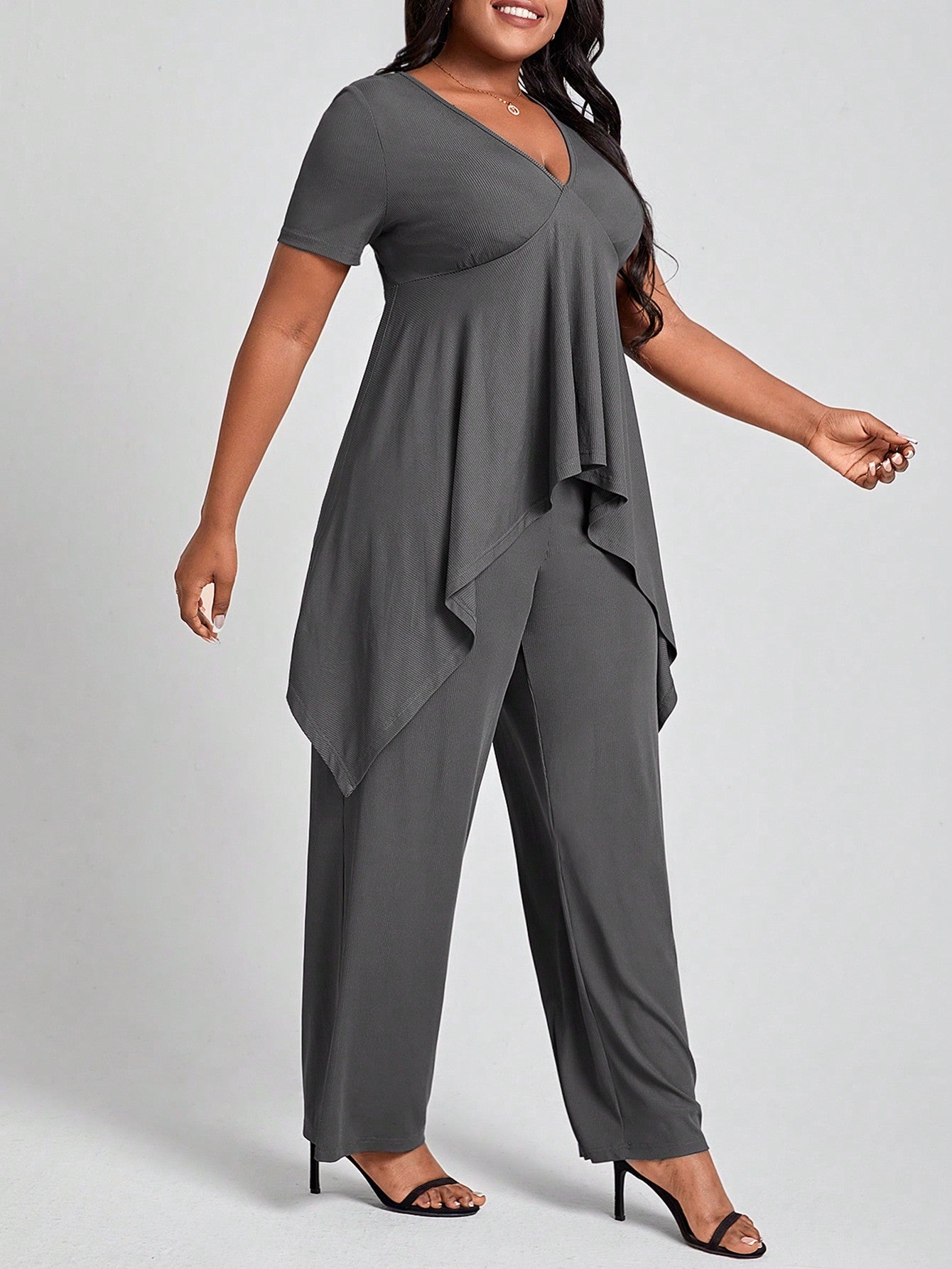 Lady Plus Size Solid Color Casual 2-Piece