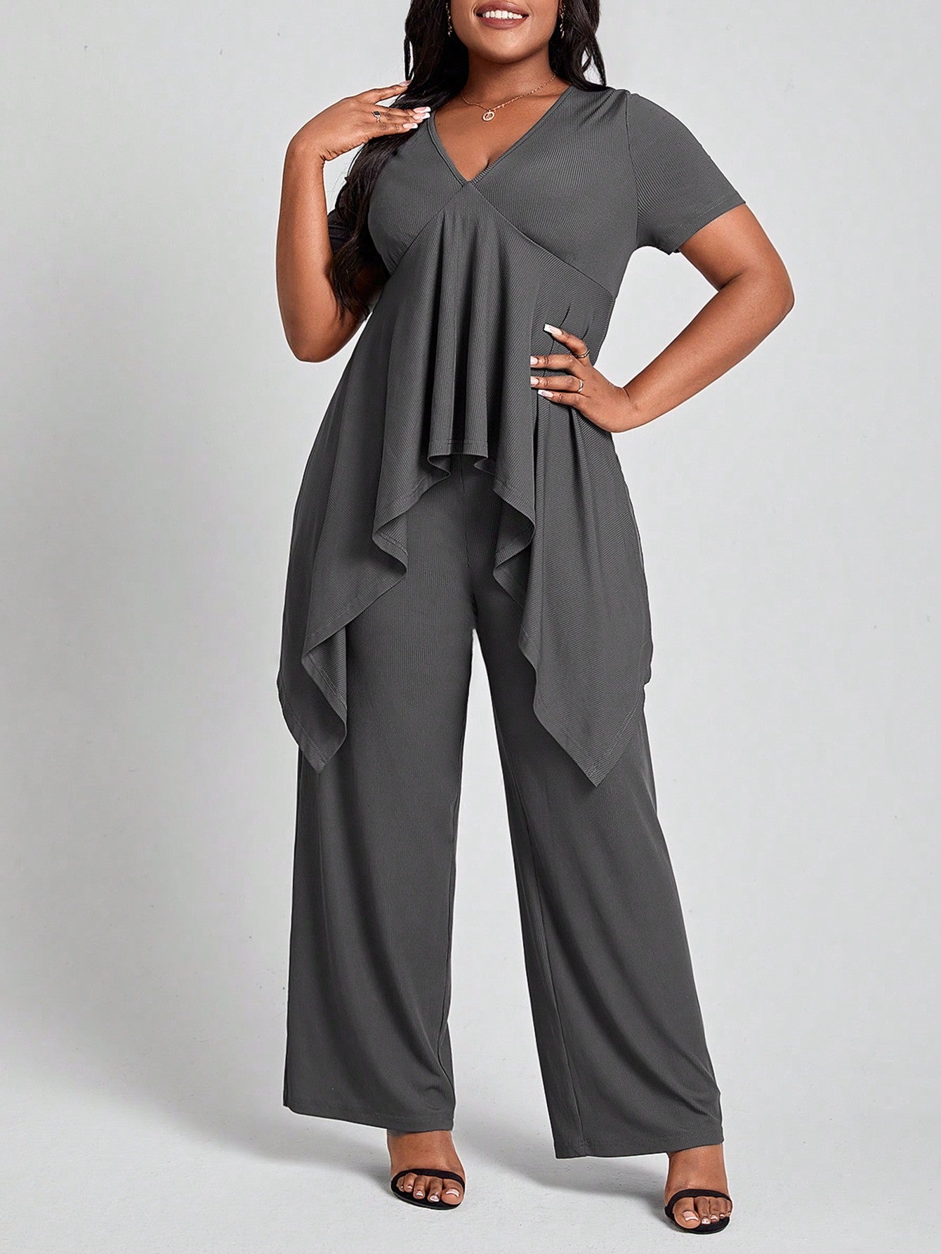 Lady Plus Size Solid Color Casual 2-Piece