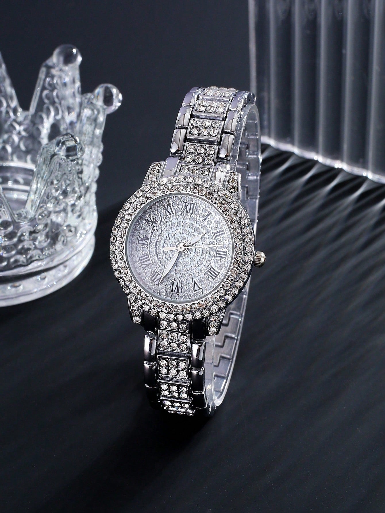 Women'S Bestseller Luxurious Full Rhinestone Bracelet Watch, Diamond Necklace, Earrings, Bracelet 5-Pcs Set