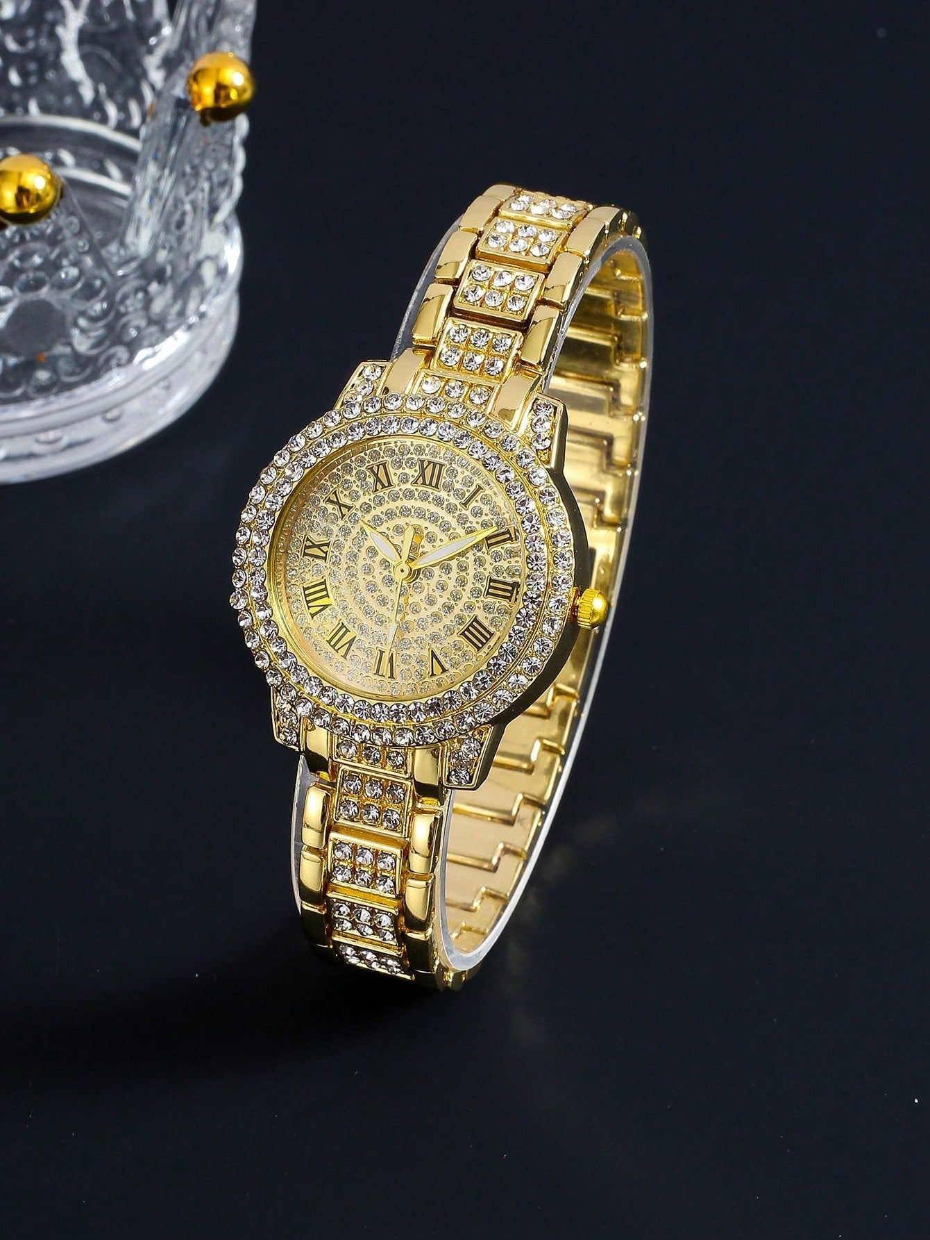 Women'S Bestseller Luxurious Full Rhinestone Bracelet Watch, Diamond Necklace, Earrings, Bracelet 5-Pcs Set