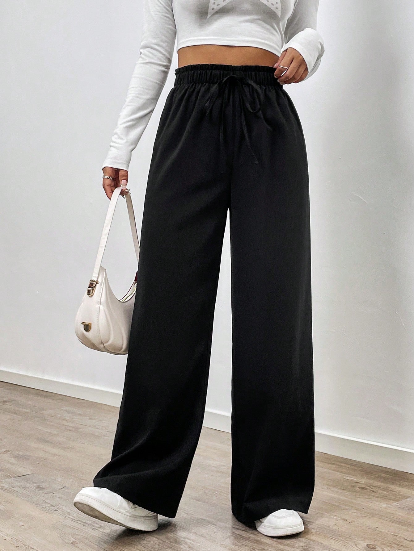 Women'S Loose Wide Leg Pants With Front Tie Knot