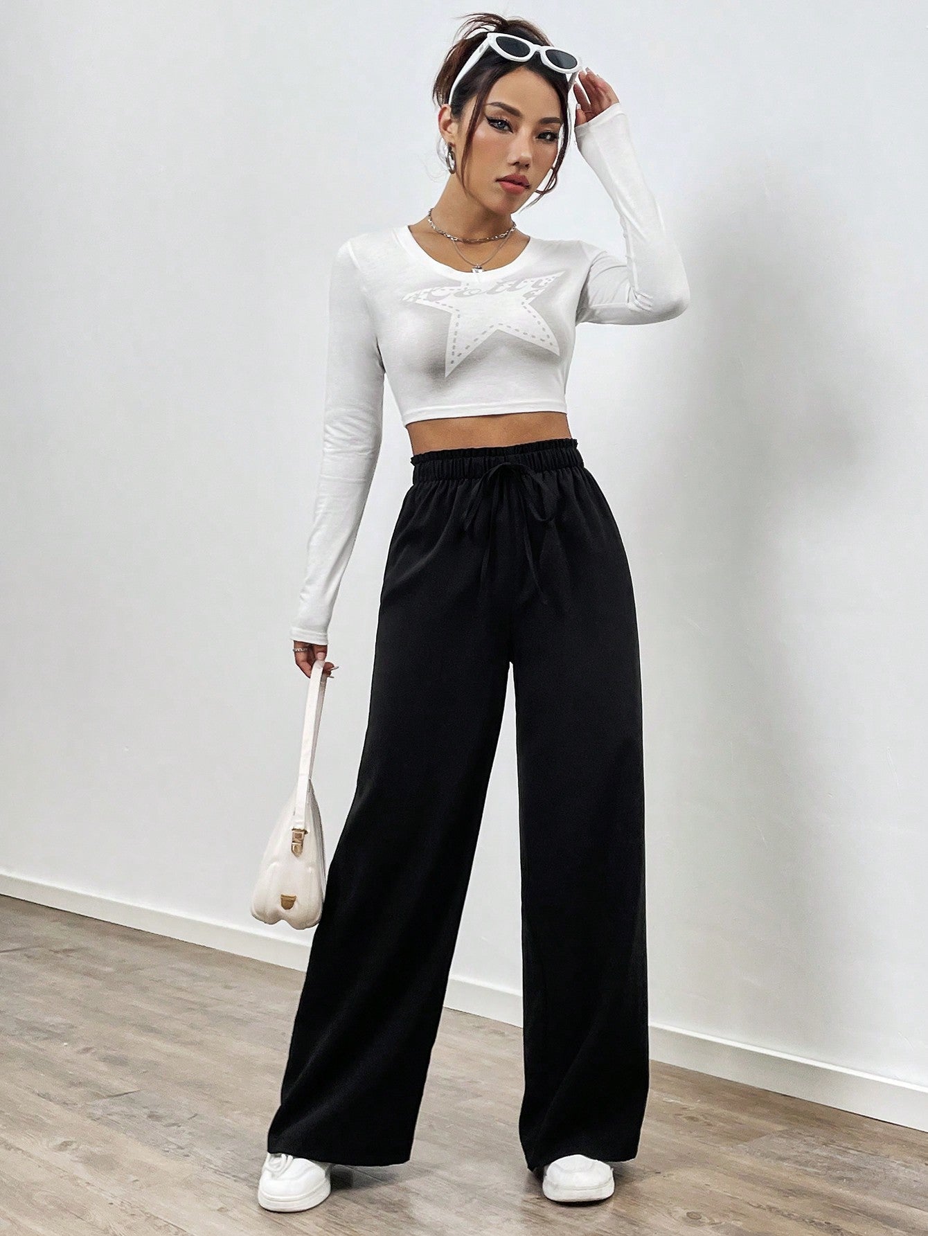 Women'S Loose Wide Leg Pants With Front Tie Knot