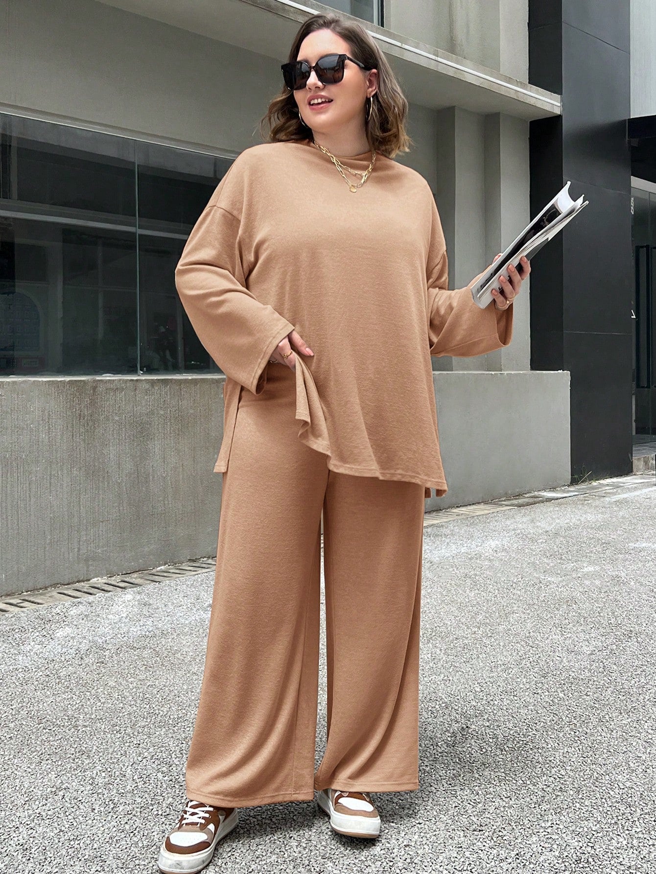 Essnce Plus Size Loose Solid Color Casual Two Piece Set