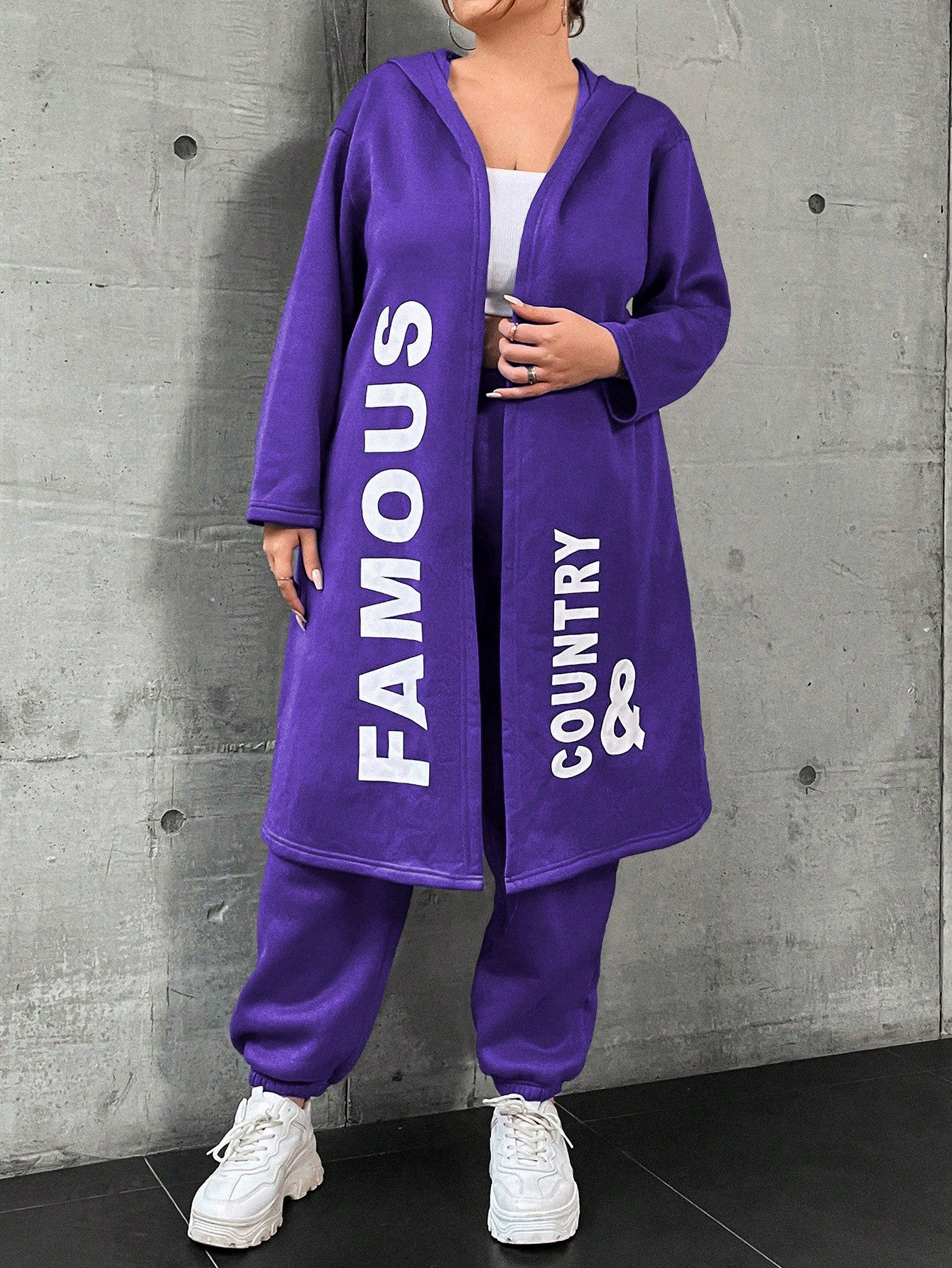 Coolane Plus Size Women's Letter Printed Hooded Fleece Jacket And Pants Set