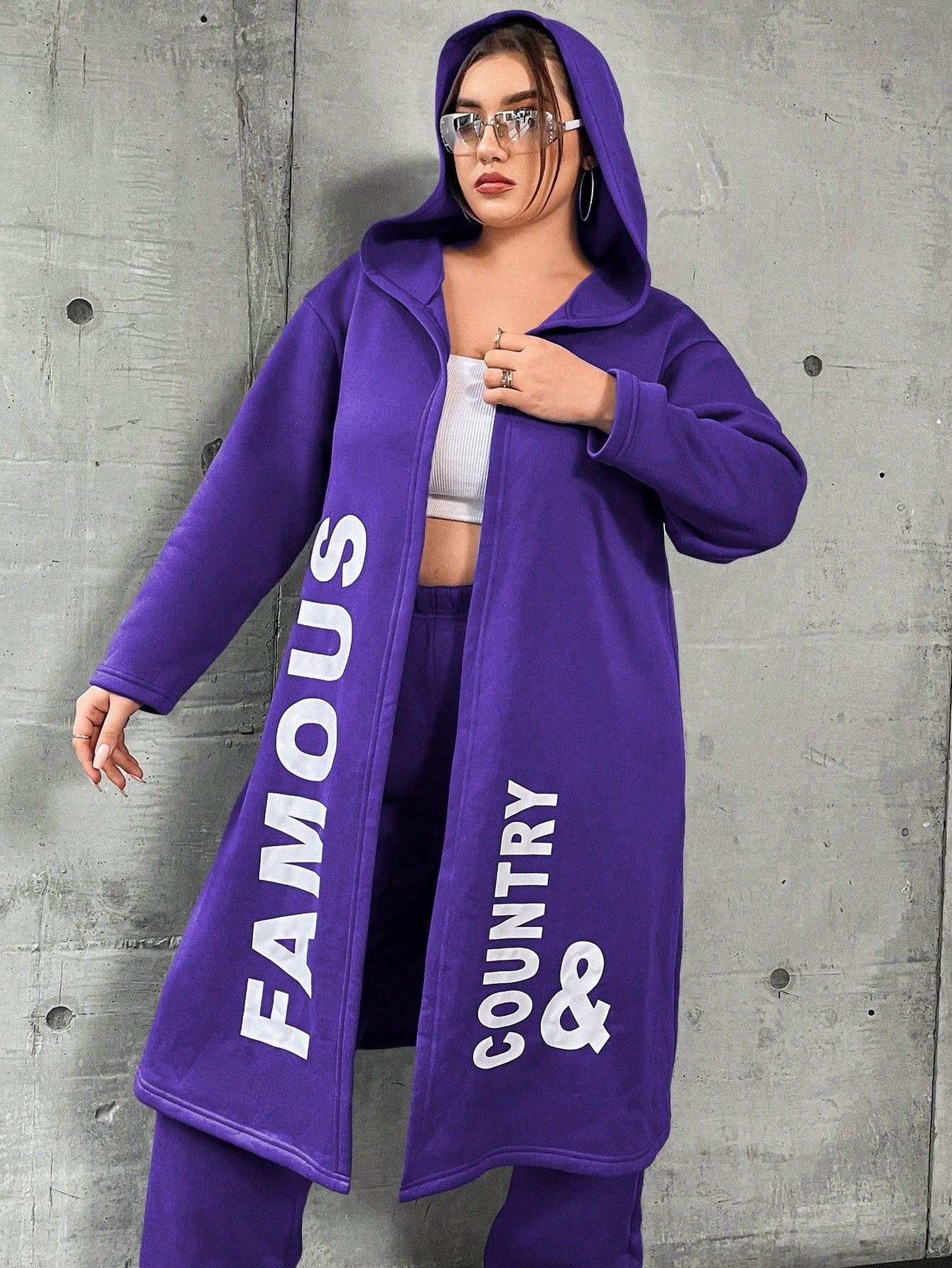 Coolane Plus Size Women's Letter Printed Hooded Fleece Jacket And Pants Set