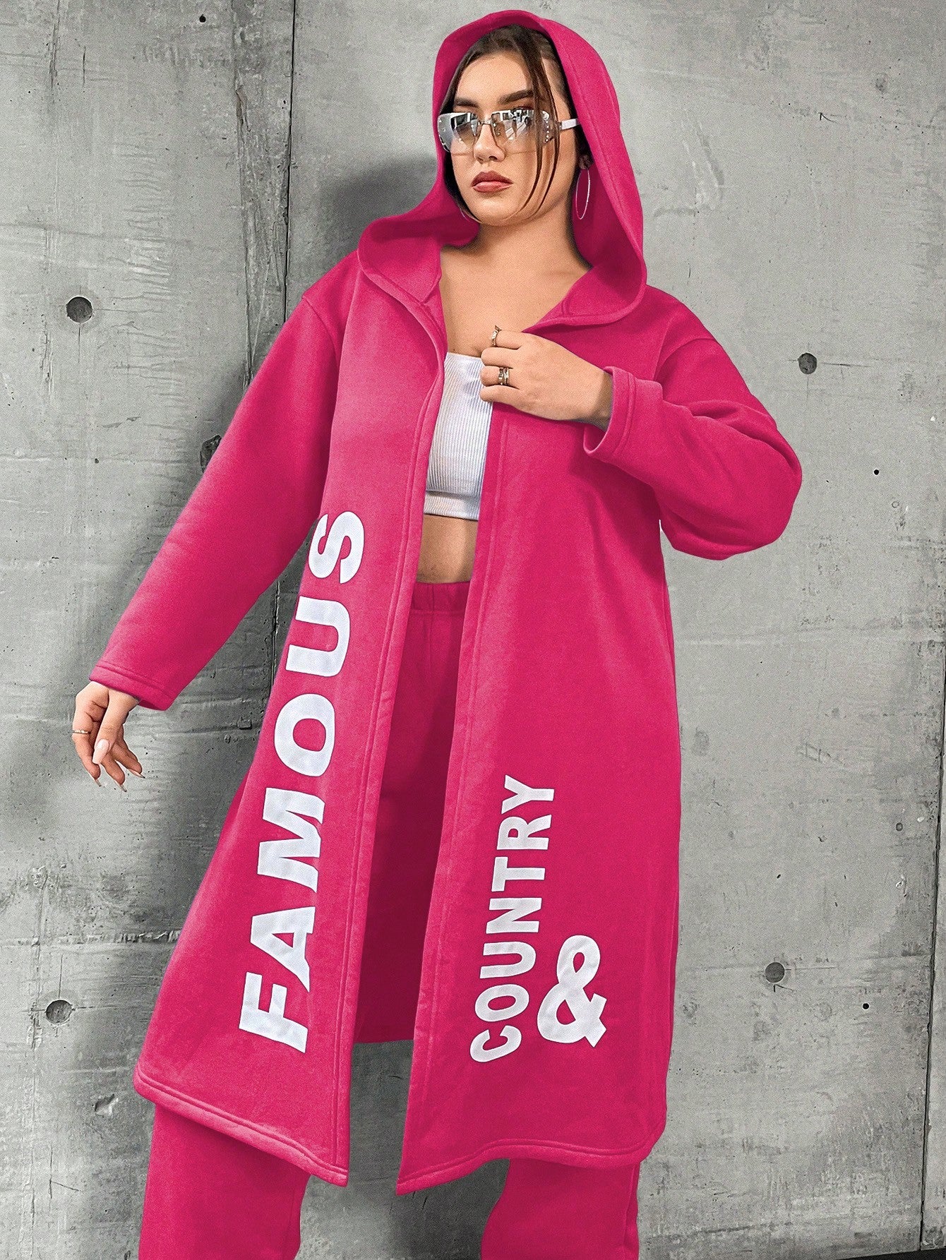 Coolane Plus Size Women's Letter Printed Hooded Fleece Jacket And Pants Set