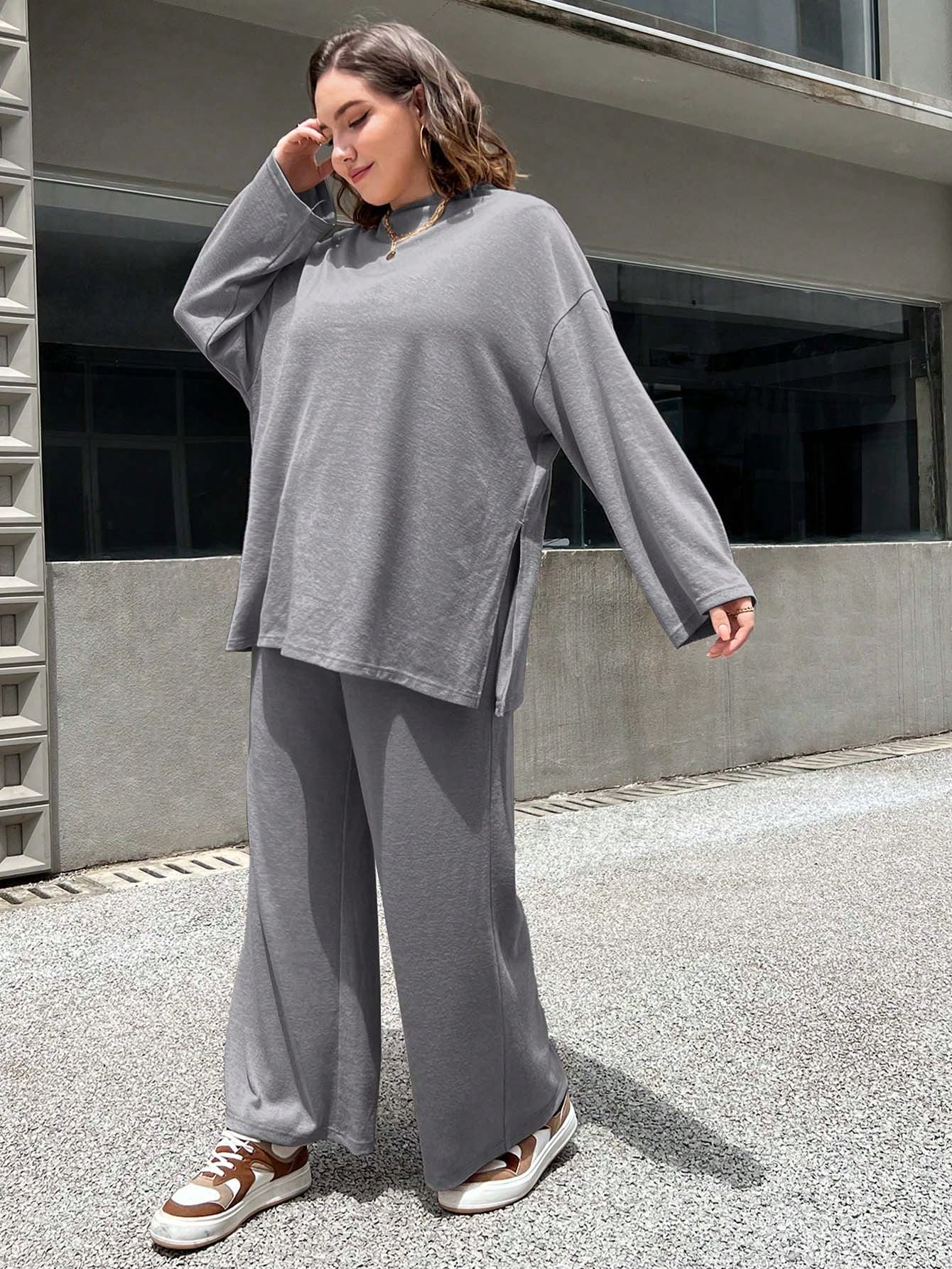 Essnce Plus Size Loose Solid Color Casual Two Piece Set