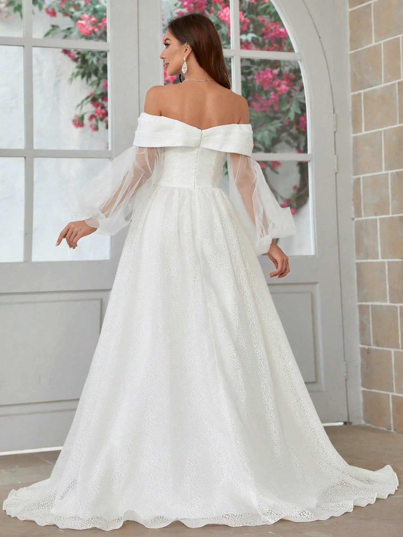 Belle 3d Blossom Fabric Off Shoulder Lantern Sleeve Ball Gown Wedding Dress