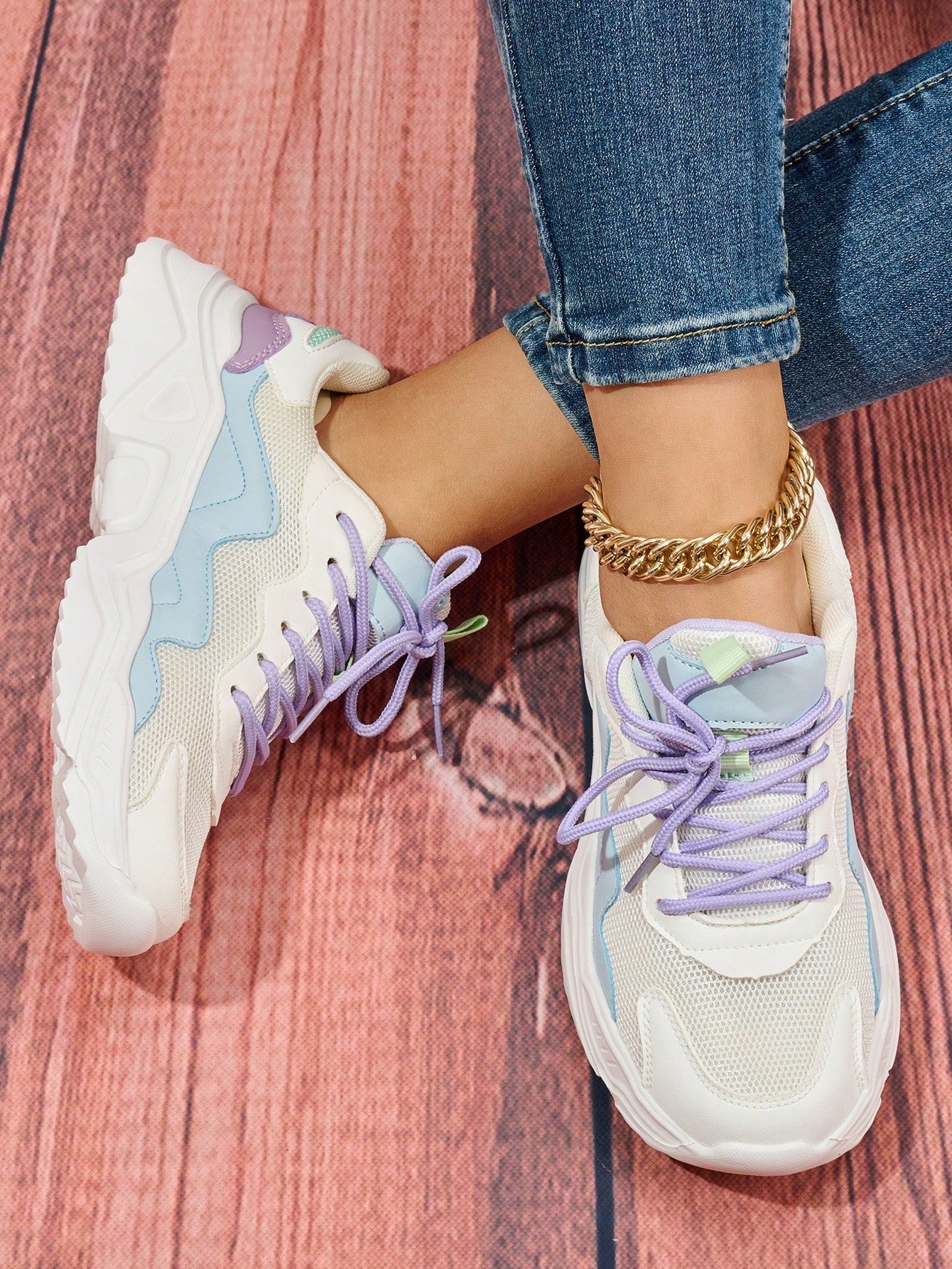 Color Block Lace-up Front Chunky Sneakers