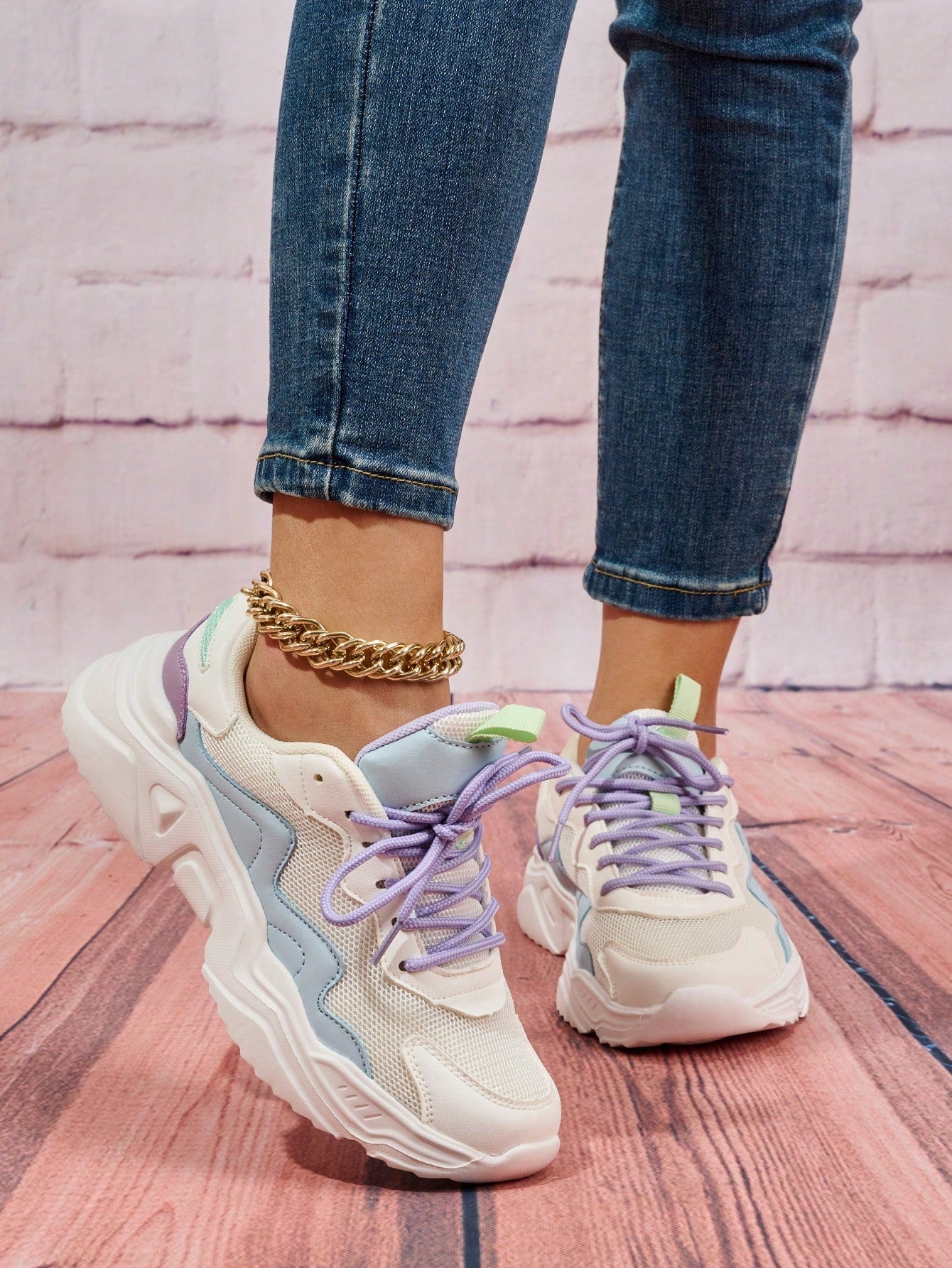 Color Block Lace-up Front Chunky Sneakers