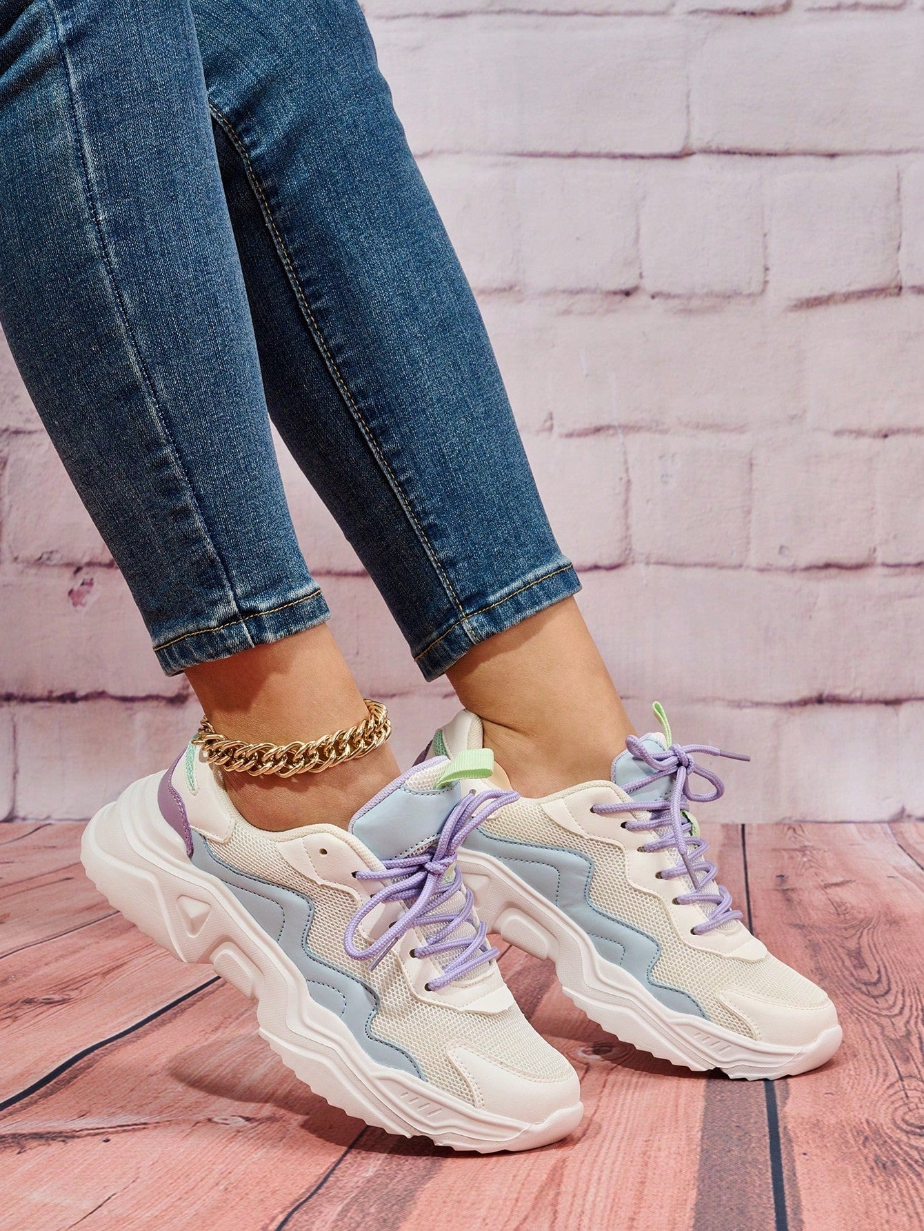 Color Block Lace-up Front Chunky Sneakers