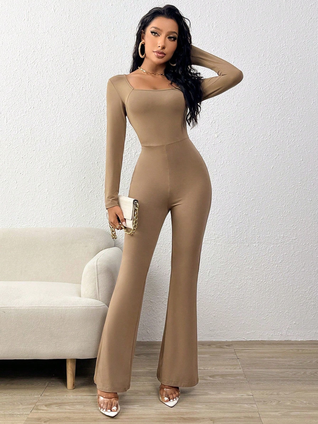 EZwear Square Neck Flare Leg Jumpsuit