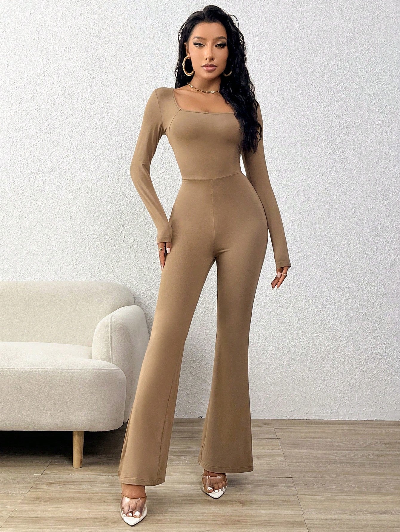 EZwear Square Neck Flare Leg Jumpsuit