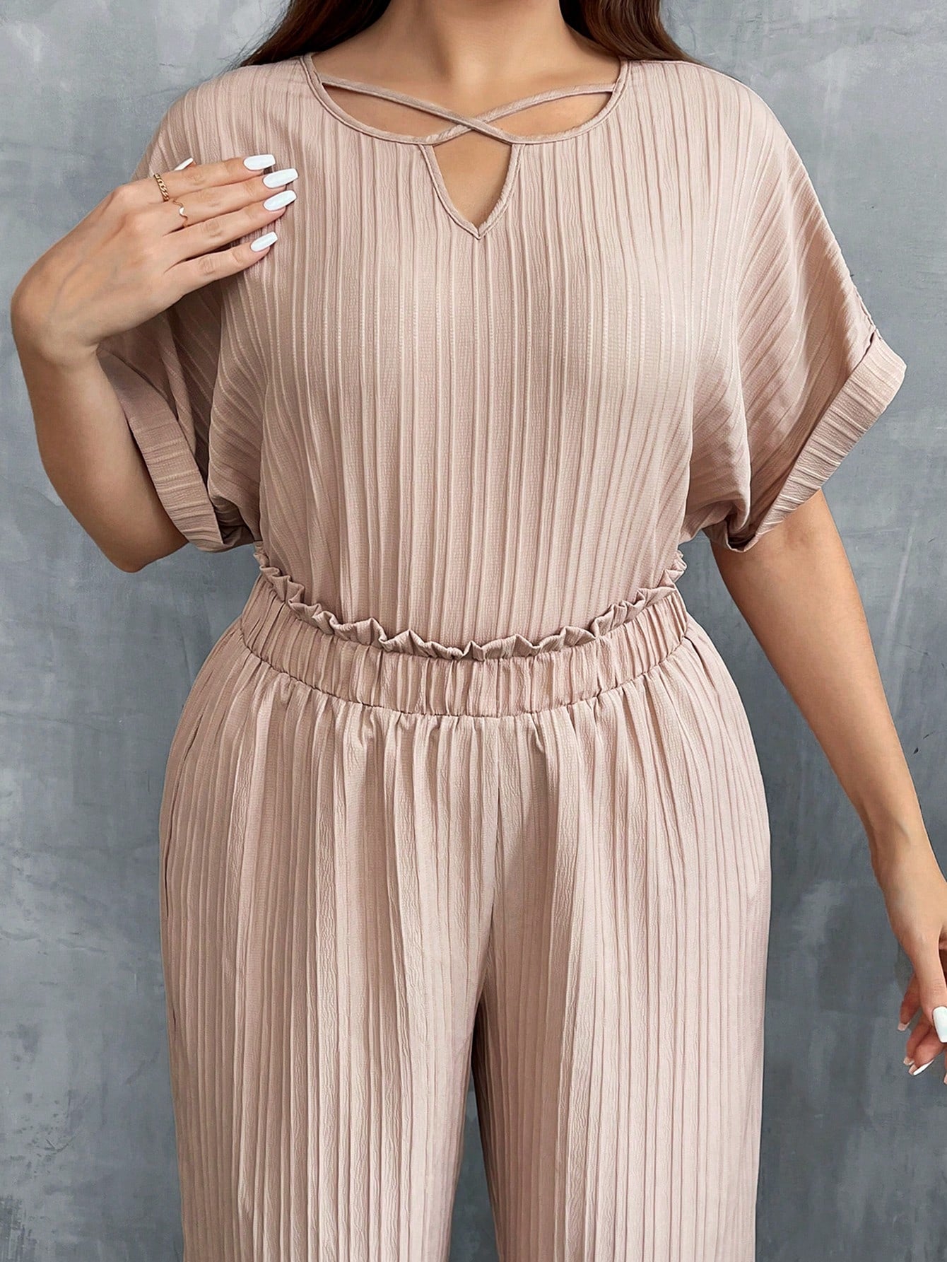 LUNE Plus Size Apricot Two Piece Outfit, Elastic Waistband Comfortable Set, Round Neck Short Sleeve Top + Long Pants