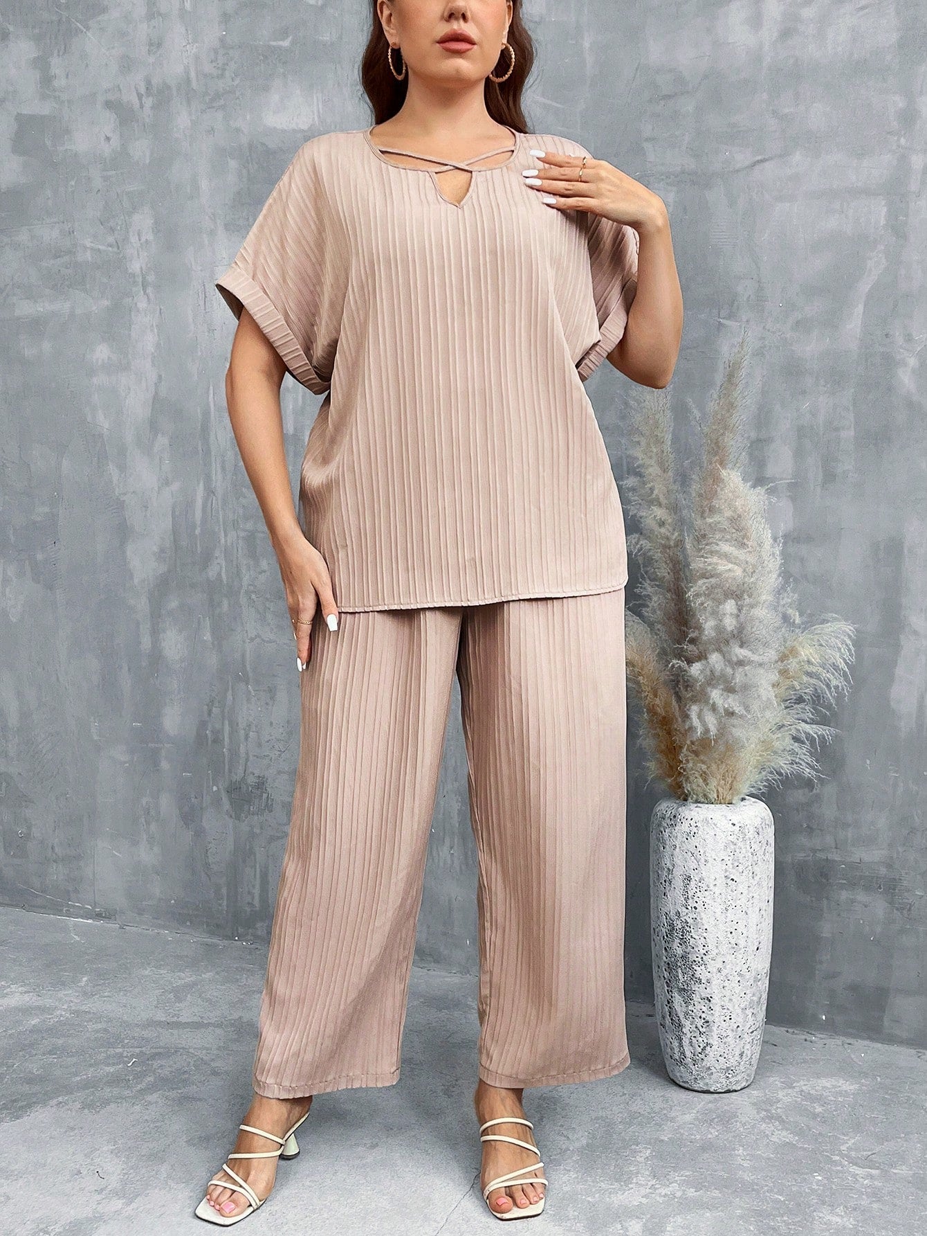 LUNE Plus Size Apricot Two Piece Outfit, Elastic Waistband Comfortable Set, Round Neck Short Sleeve Top + Long Pants