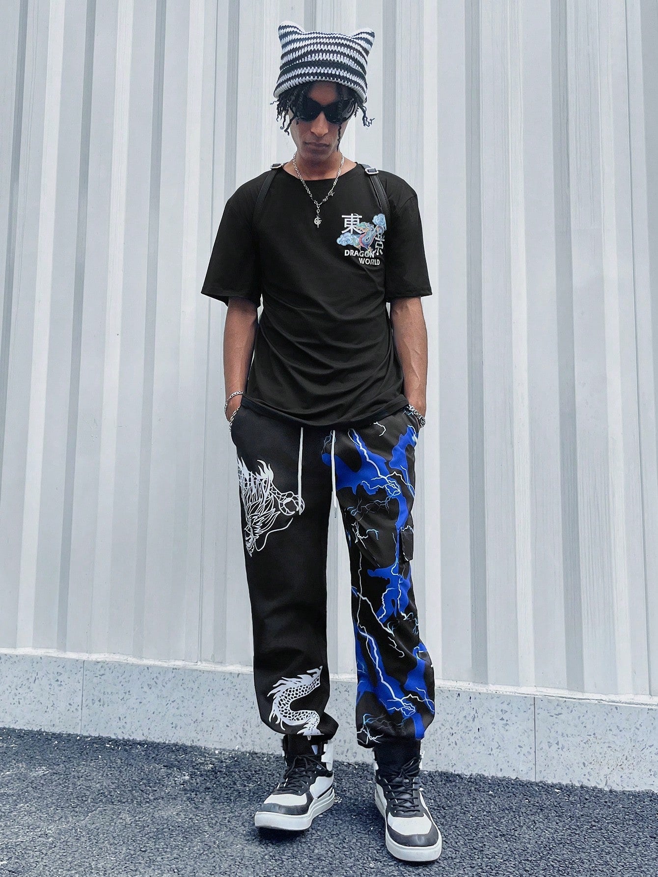 ROMWE Anime Men'S Drawstring Waist Long Pants With Dragon & Lightning Print